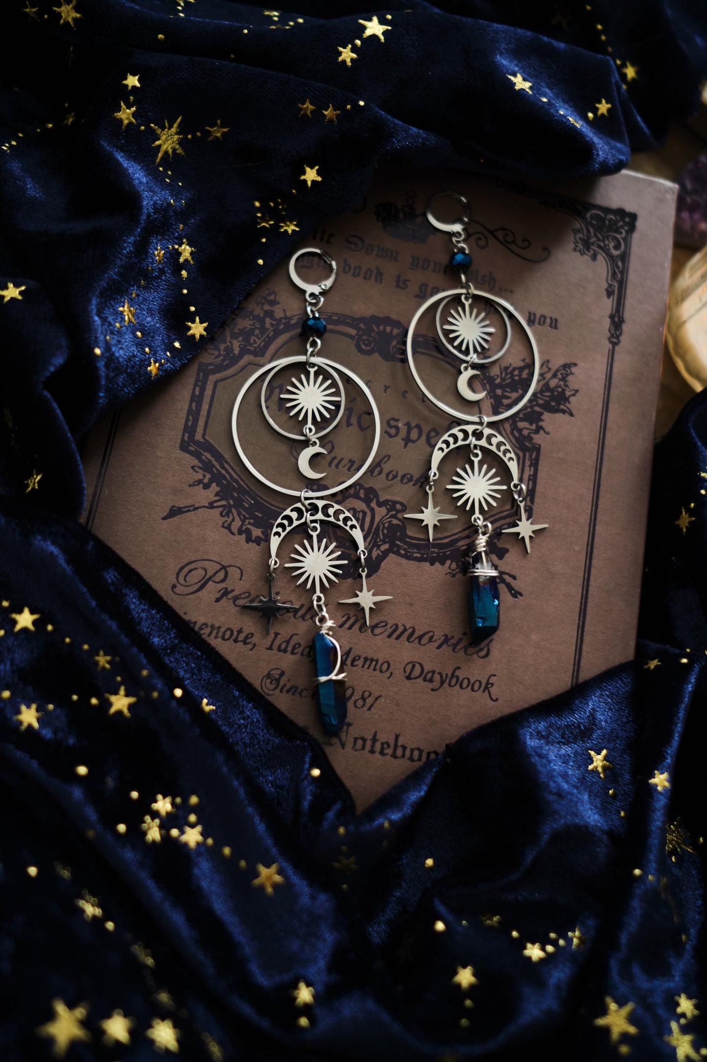 Moon and Star Crystal Earrings, Quartz Crystal, Statement Celestial Jewelry