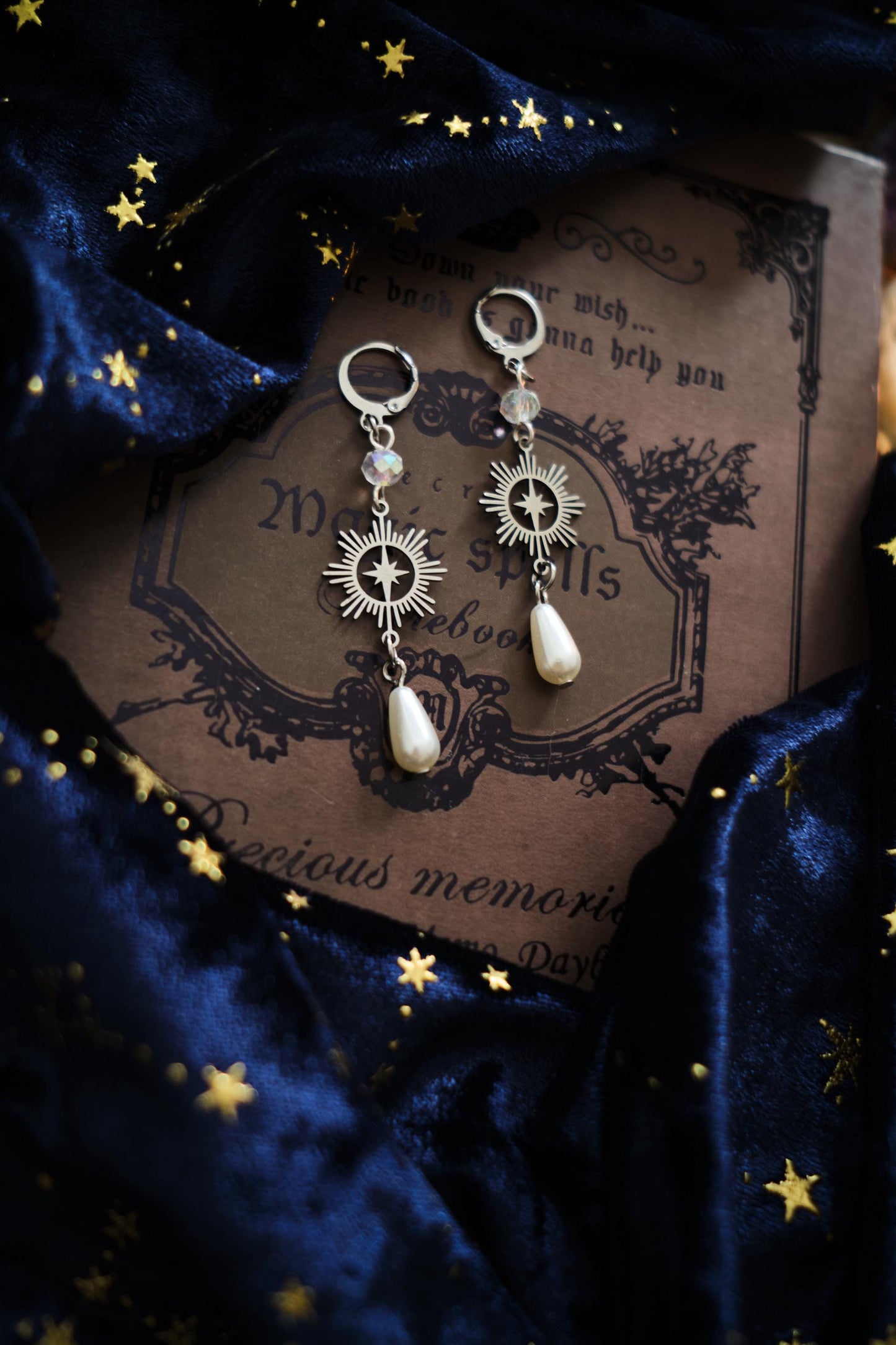 Whimsical Earrings, Dark Blue and Silver Celestial Whimsigoth Style Jewelry