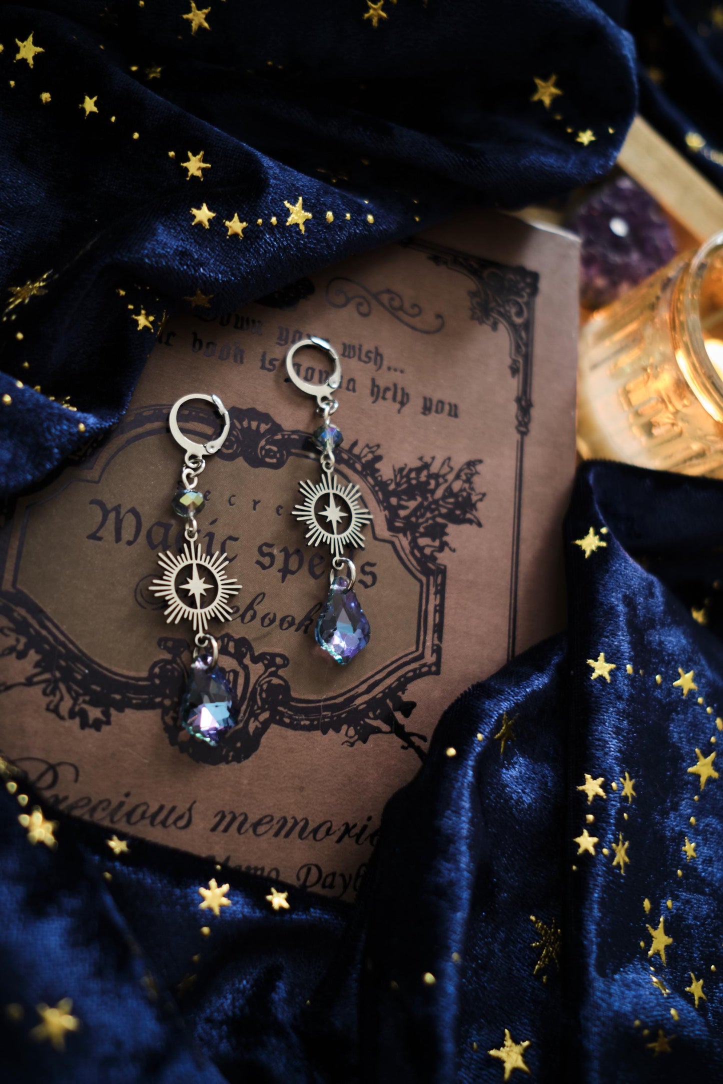 Whimsical Earrings, Dark Blue and Silver Celestial Whimsigoth Style Jewelry