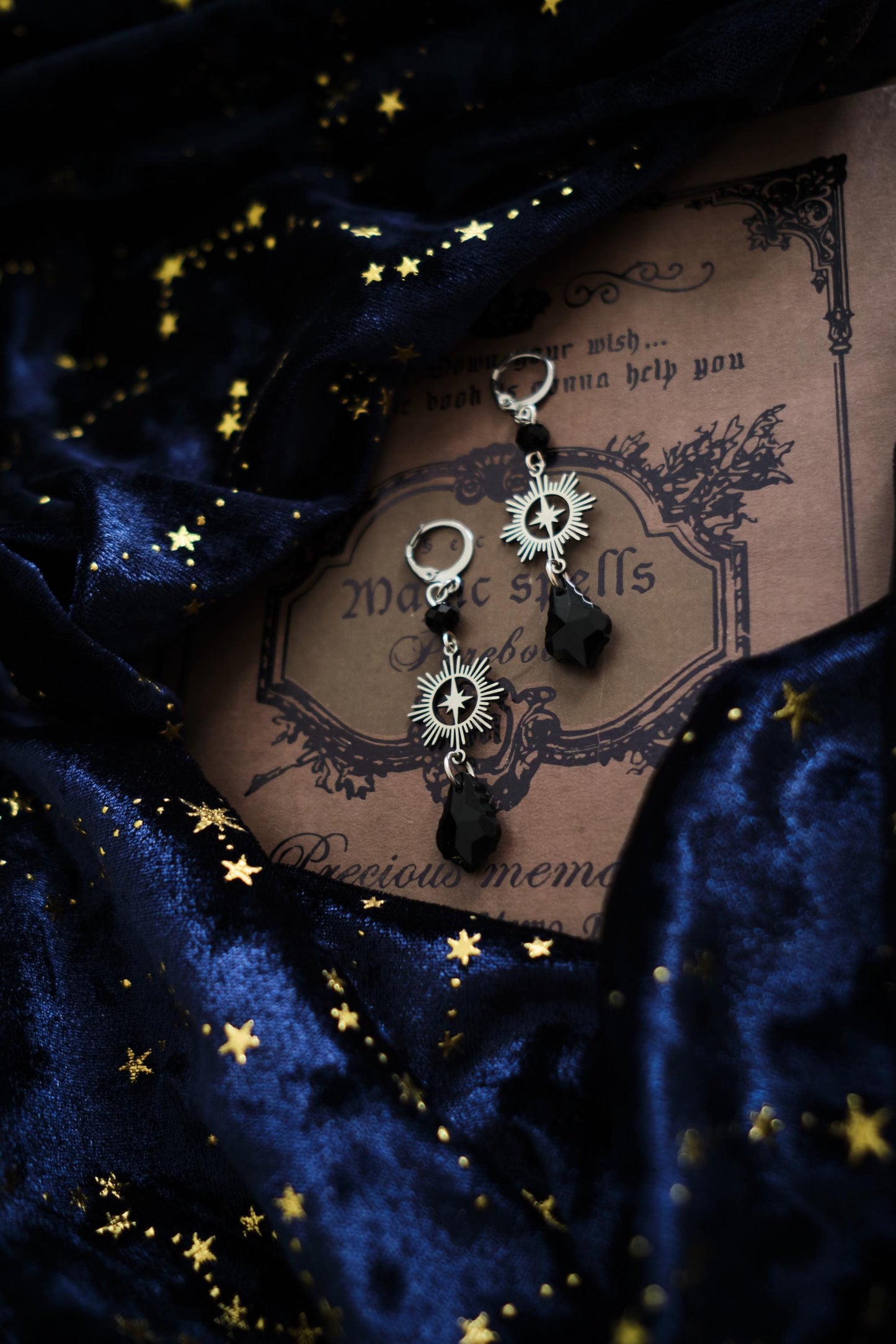 Whimsical Earrings, Dark Blue and Silver Celestial Whimsigoth Style Jewelry