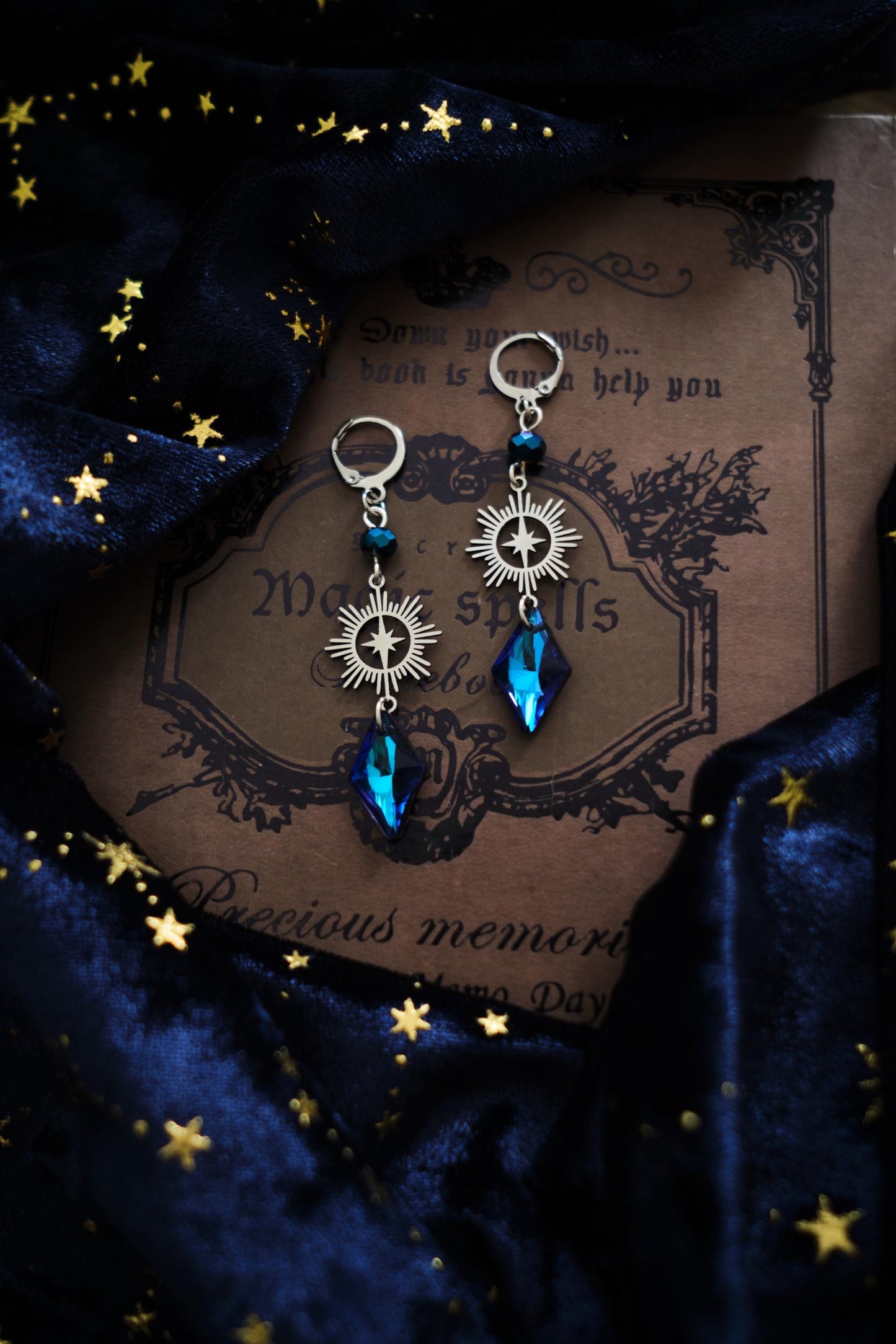 Whimsical Earrings, Dark Blue and Silver Celestial Whimsigoth Style Jewelry