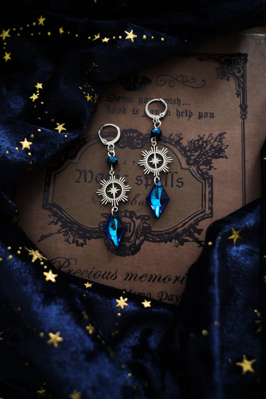 Whimsical Earrings, Dark Blue and Silver Celestial Whimsigoth Style Jewelry