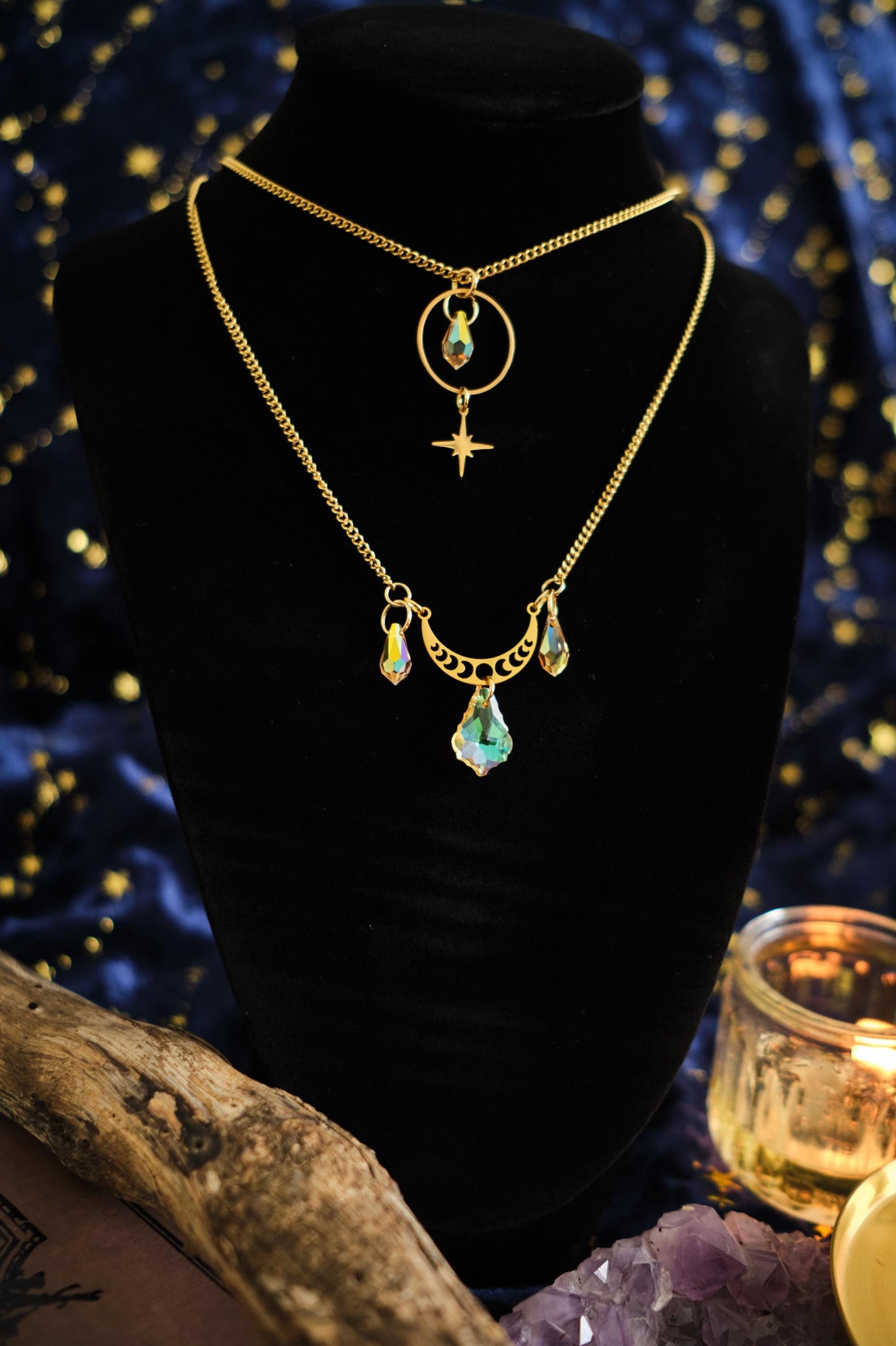 Witchy Suncatcher Necklace, Celestial Moon and Star Jewelry, Two-Strand Whimsigoth Style