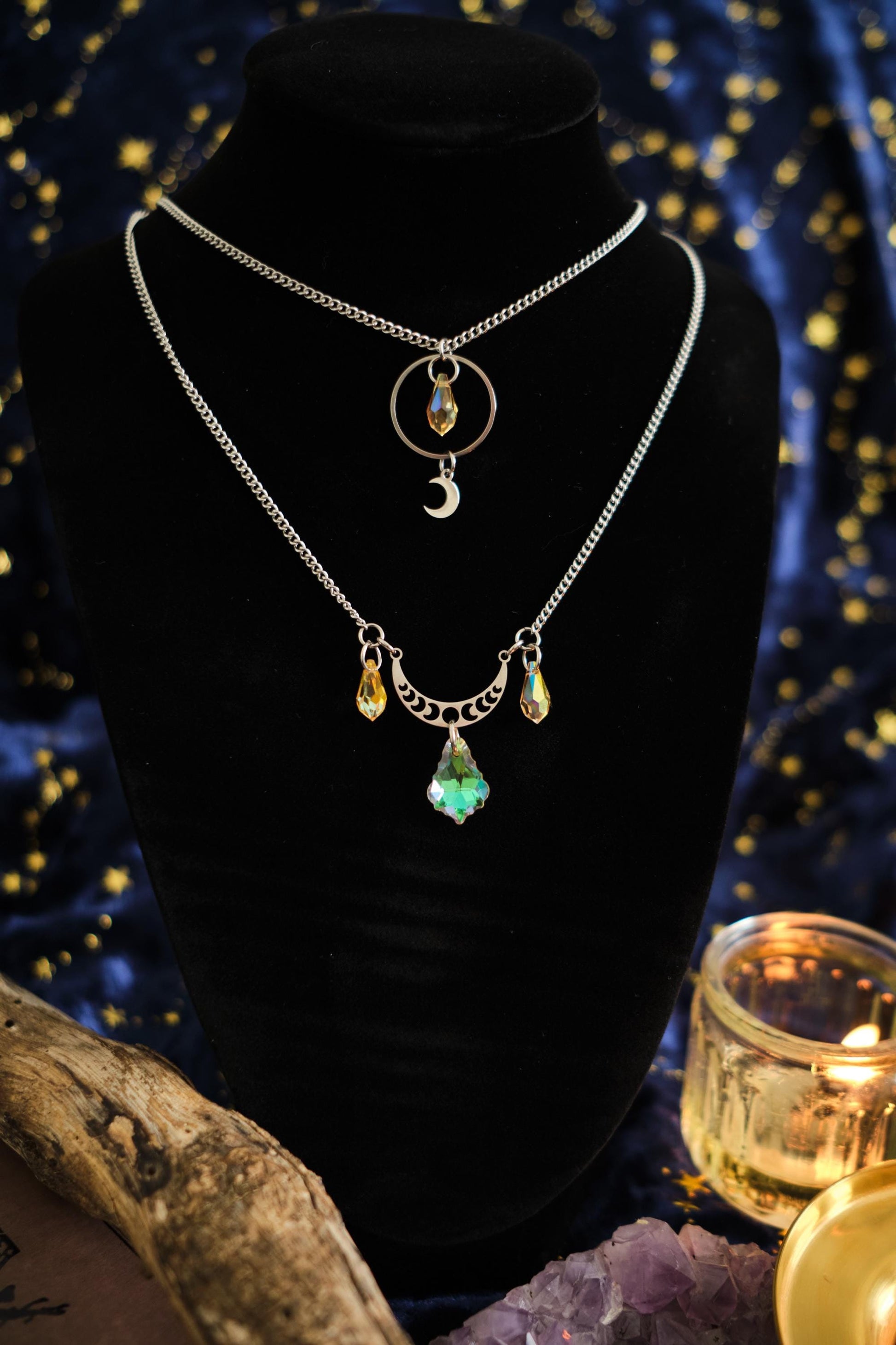 Ethereal Suncatcher Necklace, Silver Celestial Moon and Star Jewelry, Two-Strand Whimsigoth Witchy Style