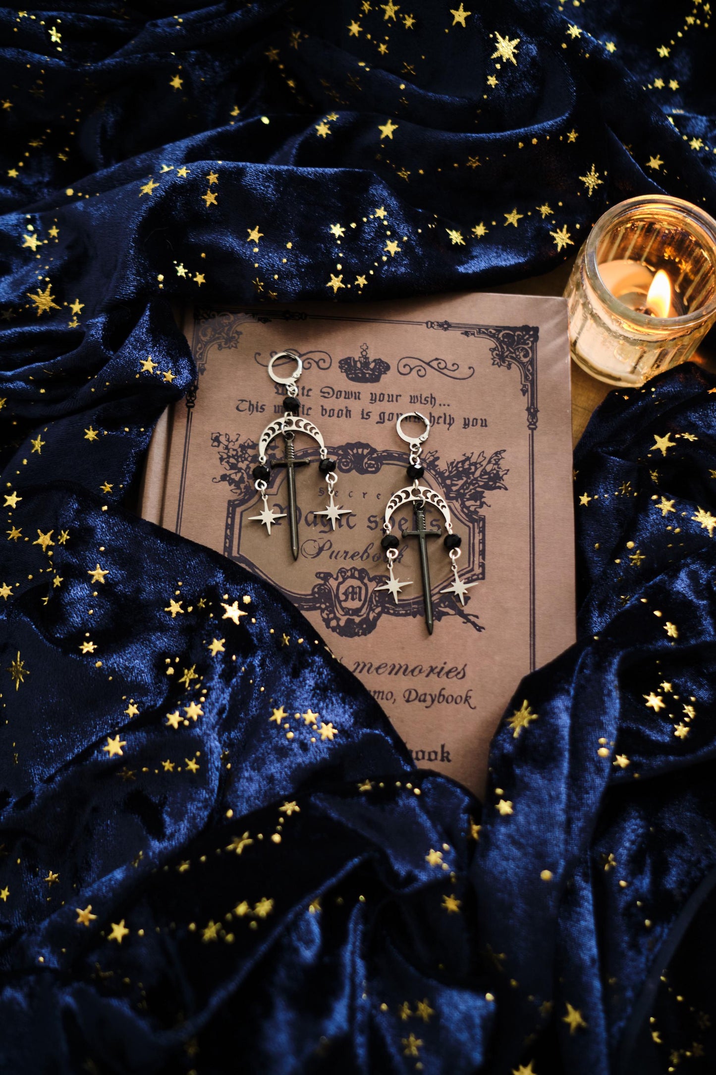 Silver Sword and Star Earrings, Romantasy inspired Celestial Jewelry