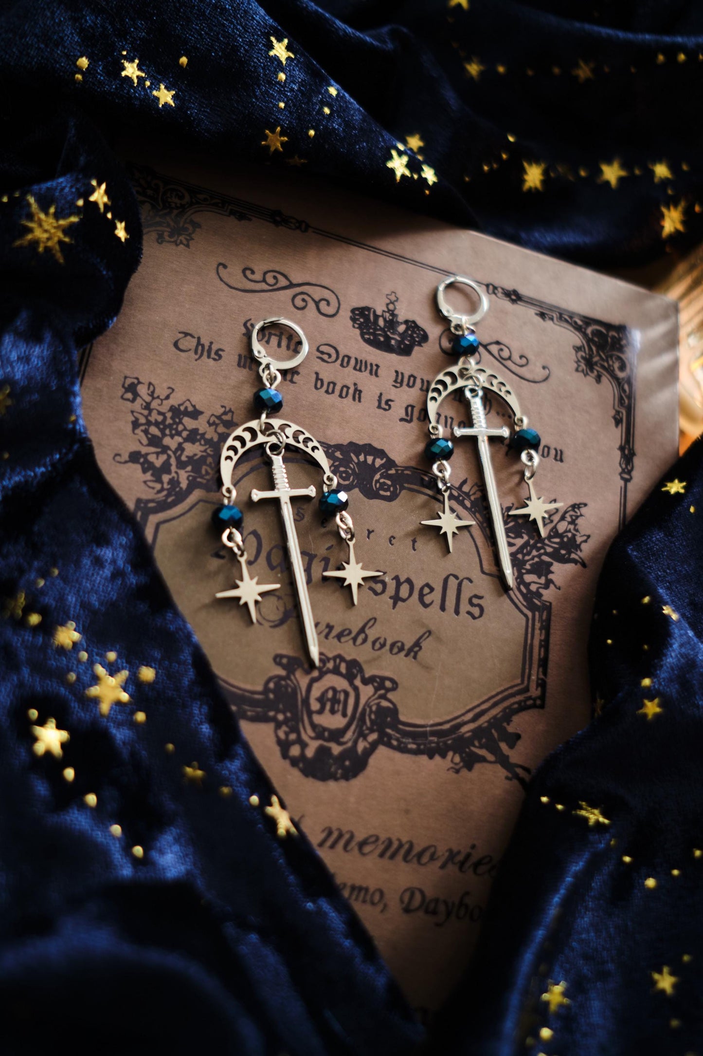 Silver Sword and Star Earrings, Romantasy inspired Celestial Jewelry
