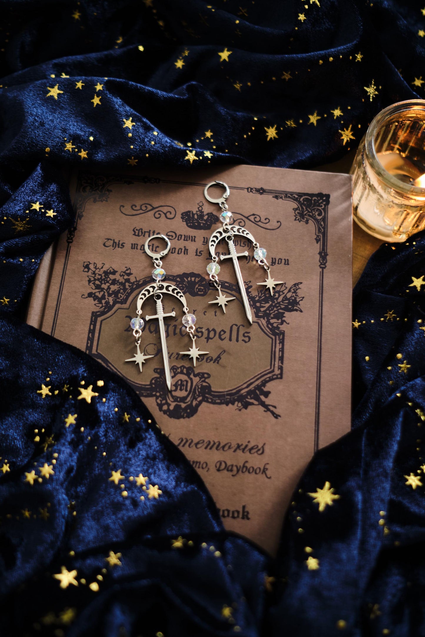 Silver Sword and Star Earrings, Romantasy inspired Celestial Jewelry