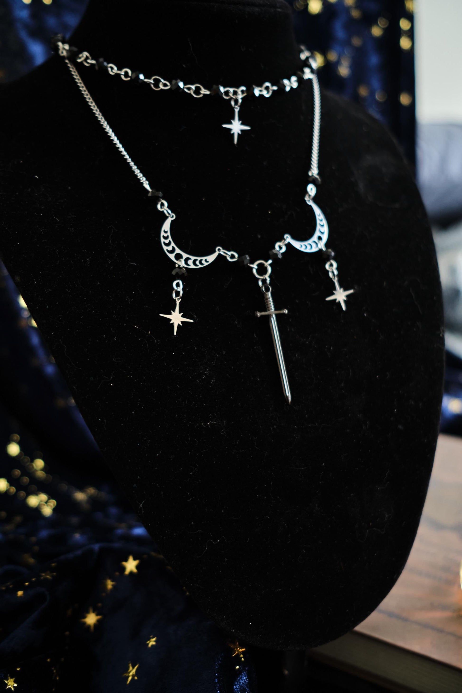 Sword and Star Necklace, Layered Choker, Romantasy inspired Celestial Jewelry
