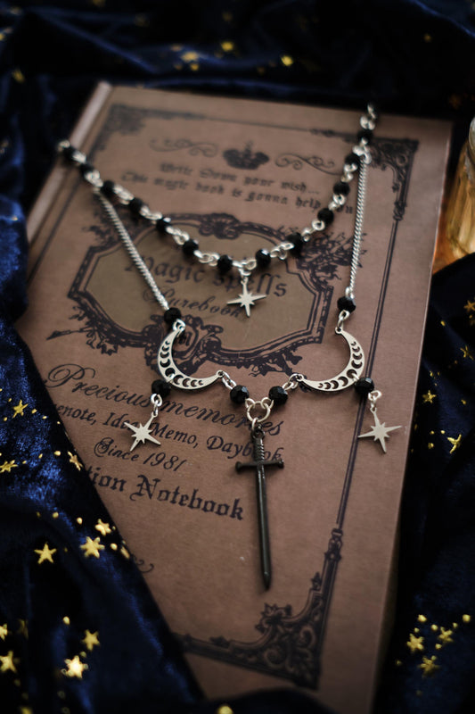 Sword and Star Necklace, Layered Choker, Romantasy inspired Celestial Jewelry