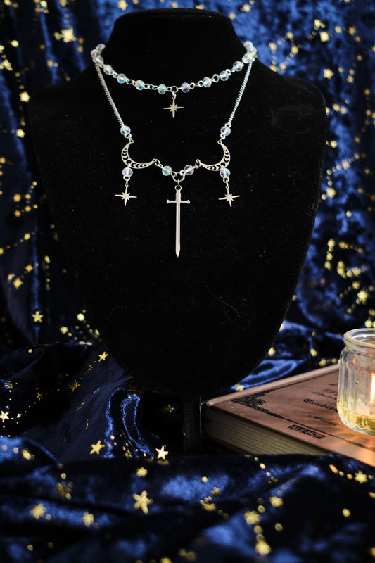 Sword and Star Necklace, Layered Choker, Romantasy inspired Celestial Jewelry