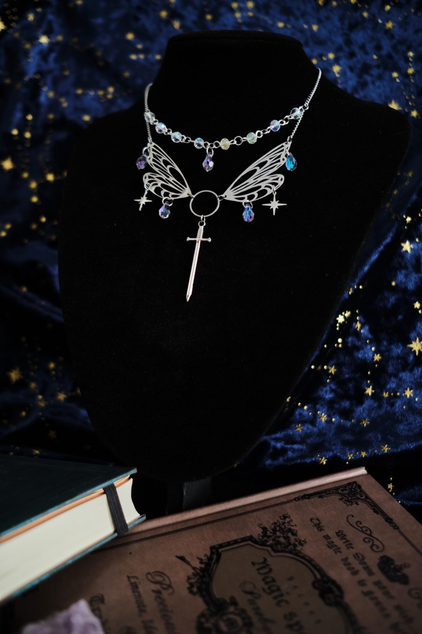 Wings and Sword Necklace, Layered Choker, Romantasy inspired Celestial Jewelry