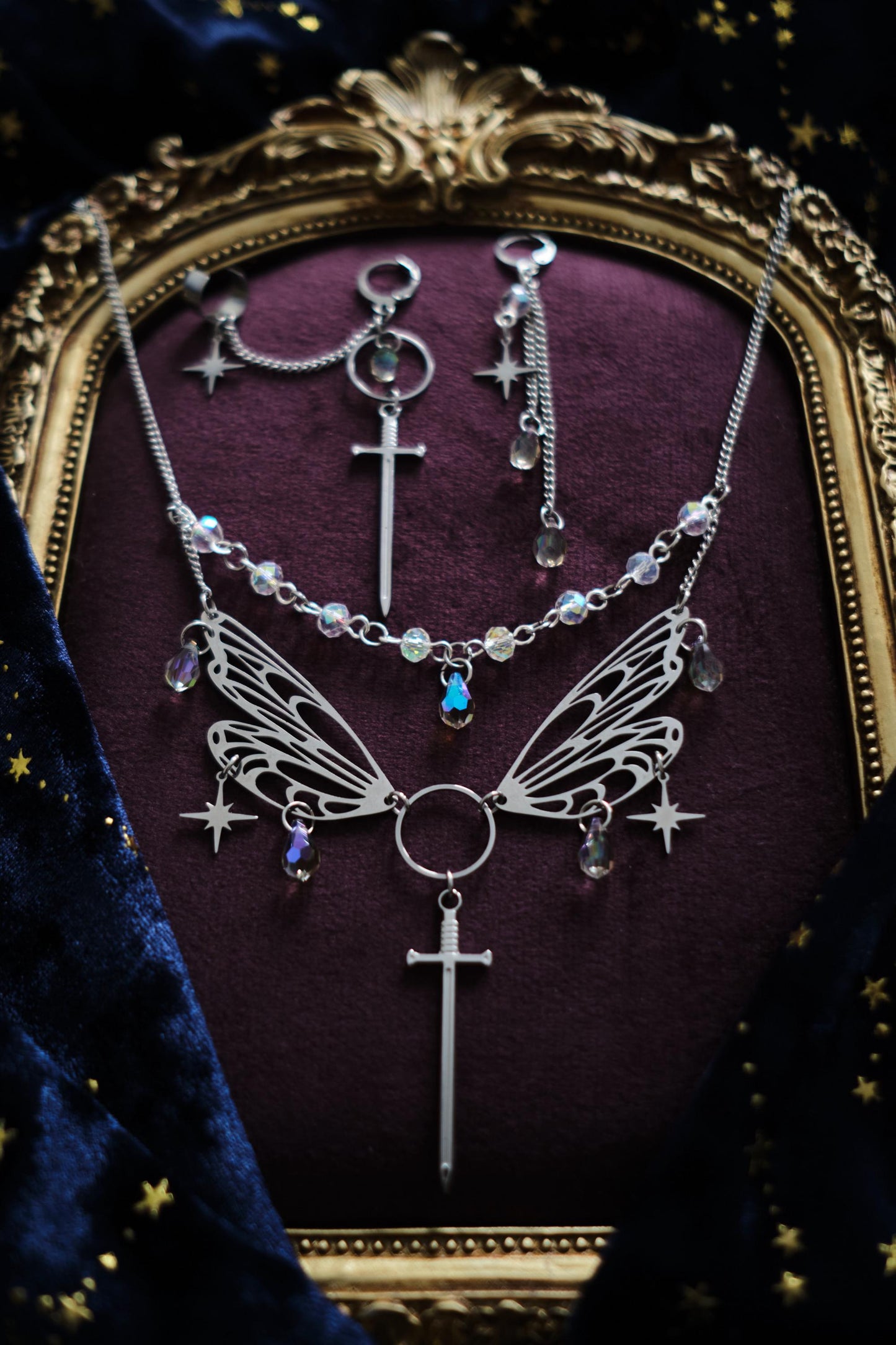 Wings and Sword Necklace, Layered Choker, Romantasy inspired Celestial Jewelry
