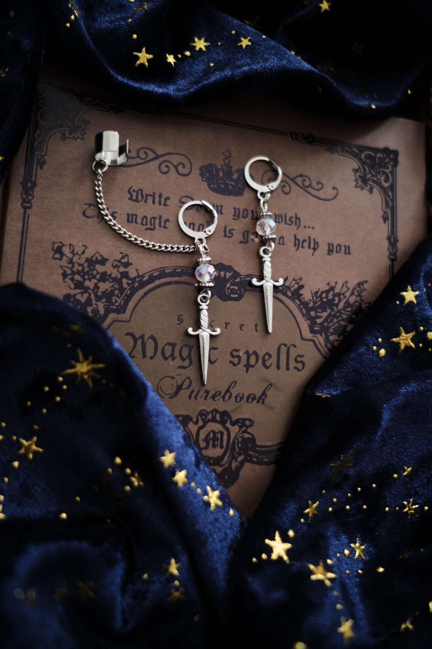 Romantasy Dagger Earrings, Medieval Sword Jewelry, Mismatched Cuff Earrings