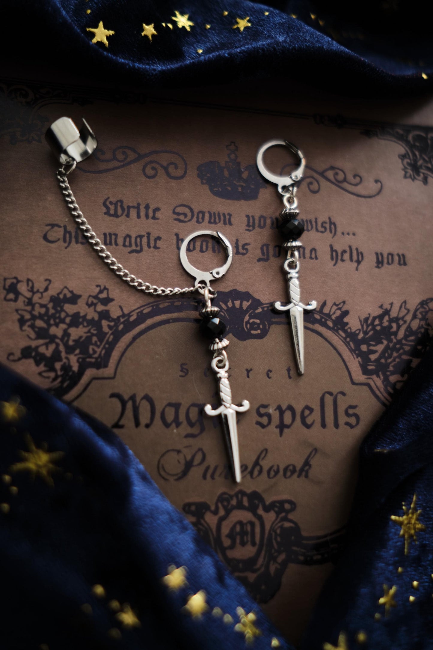 Dagger Earrings, Medieval Sword Jewelry, Romantasy Mismatched Cuff Earrings