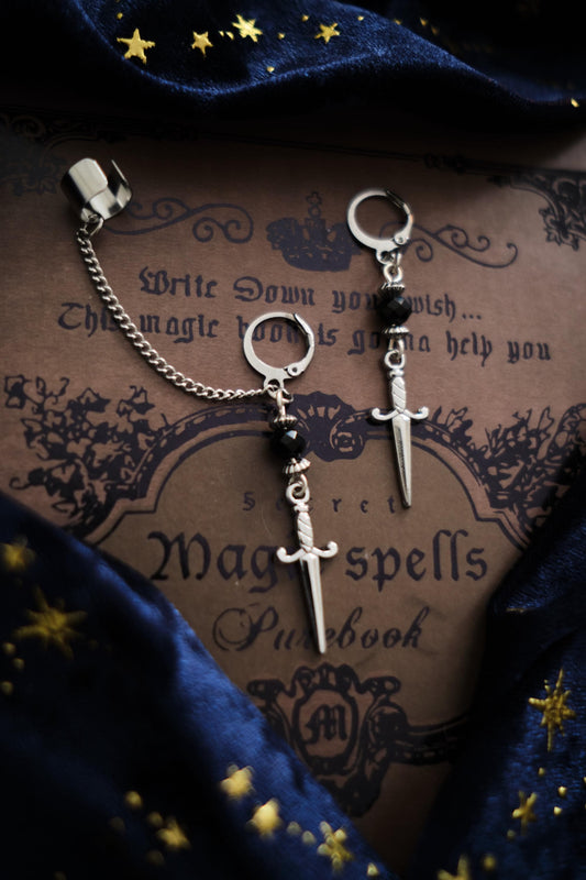 Dagger Earrings, Medieval Sword Jewelry, Romantasy Mismatched Cuff Earrings