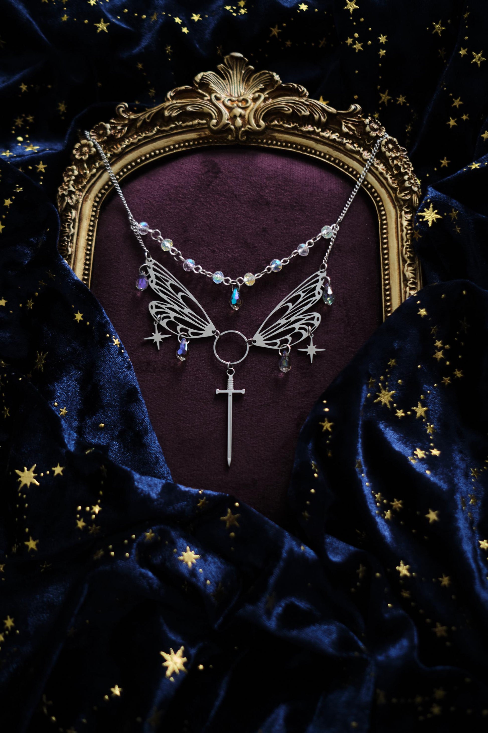 Wings and Sword Necklace, Layered Choker, Romantasy inspired Celestial Jewelry