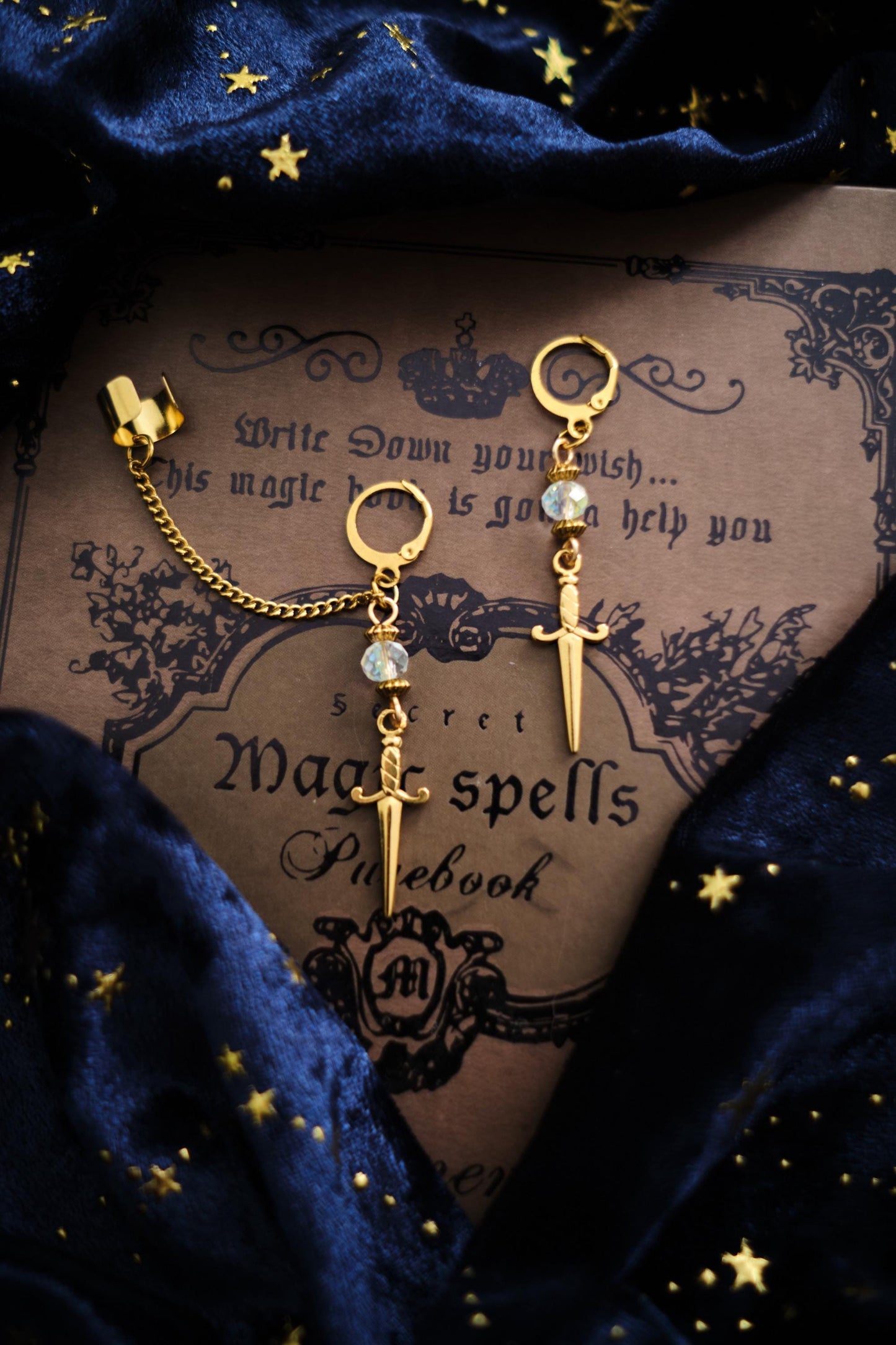 Dagger Earrings, Medieval Sword Jewelry, Romantasy Mismatched Cuff Earrings