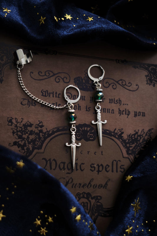 Dagger Earrings, Medieval Sword Jewelry, Romantasy Mismatched Cuff Earrings