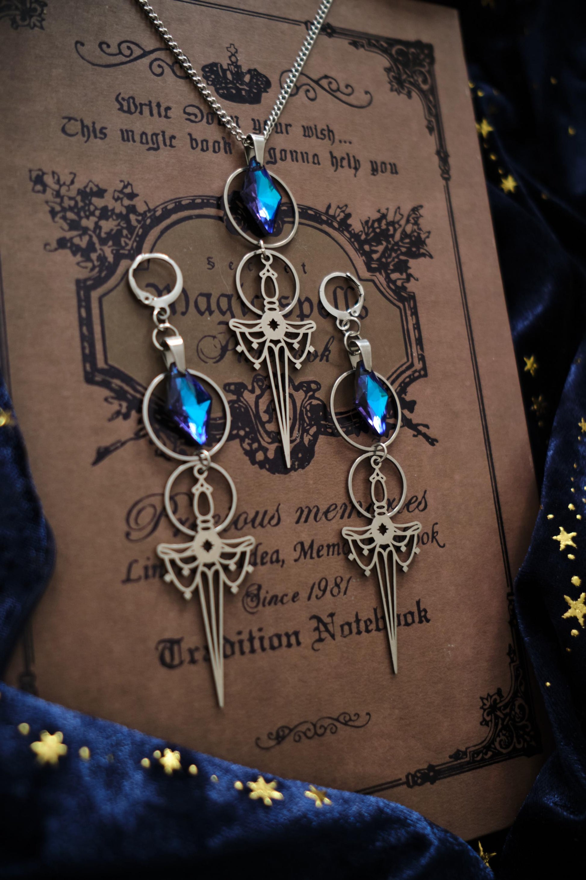 Silver and Blue Sword Earrings, Medieval Fantasy Celestial Jewelry