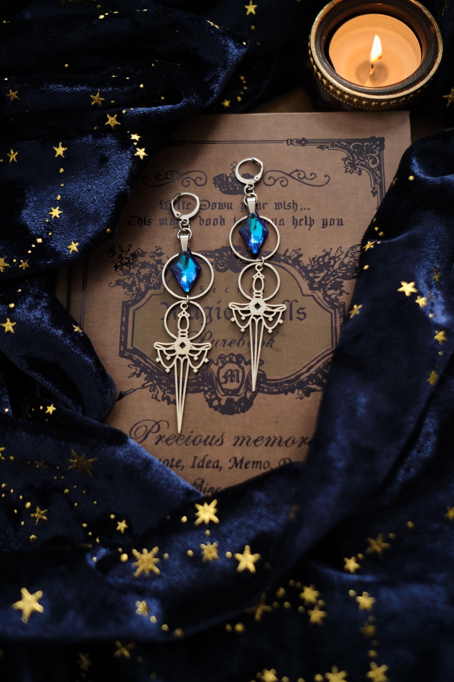 Silver and Blue Sword Earrings, Medieval Fantasy Celestial Jewelry