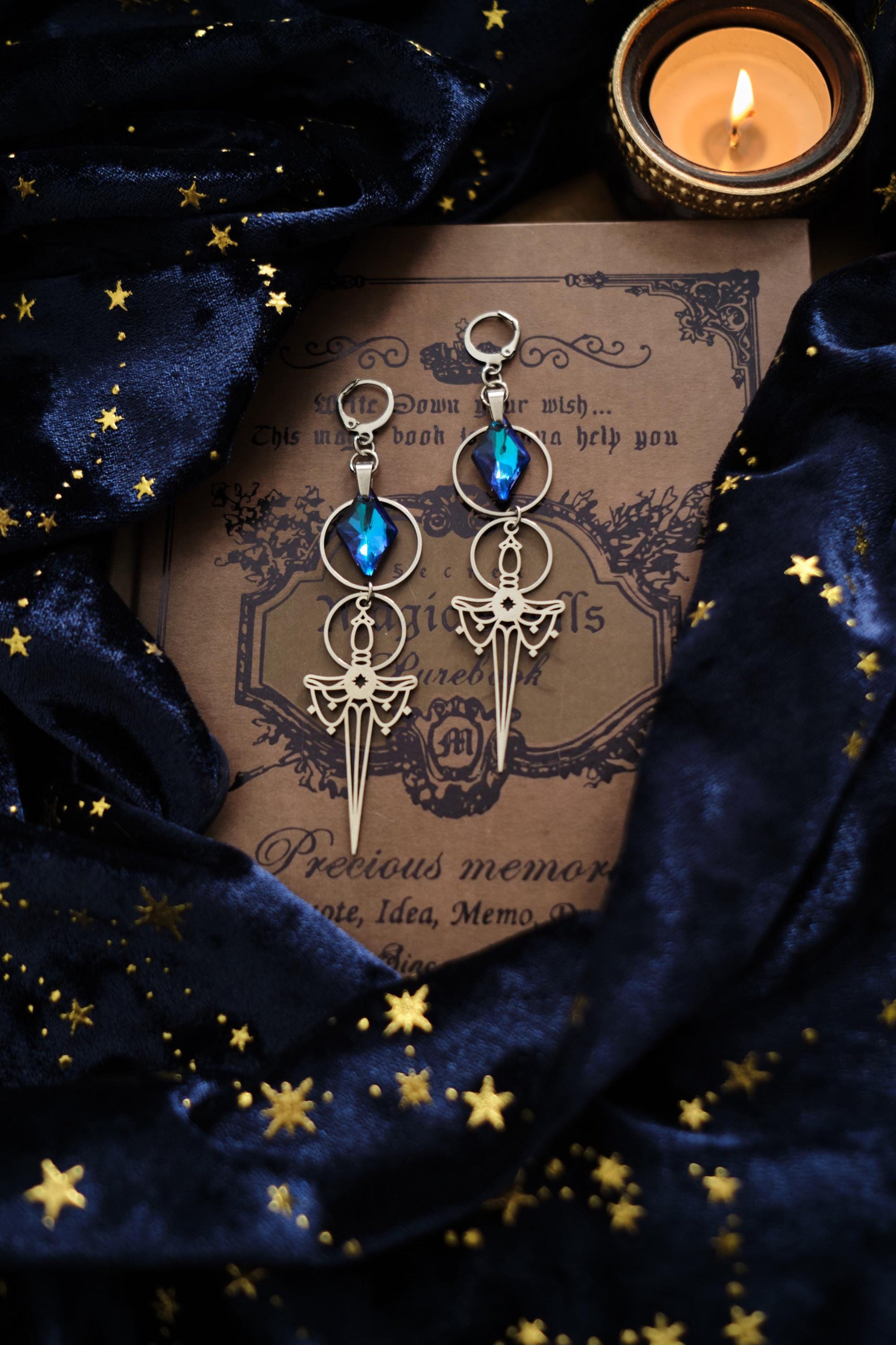 Silver and Blue Sword Earrings, Medieval Fantasy Celestial Jewelry