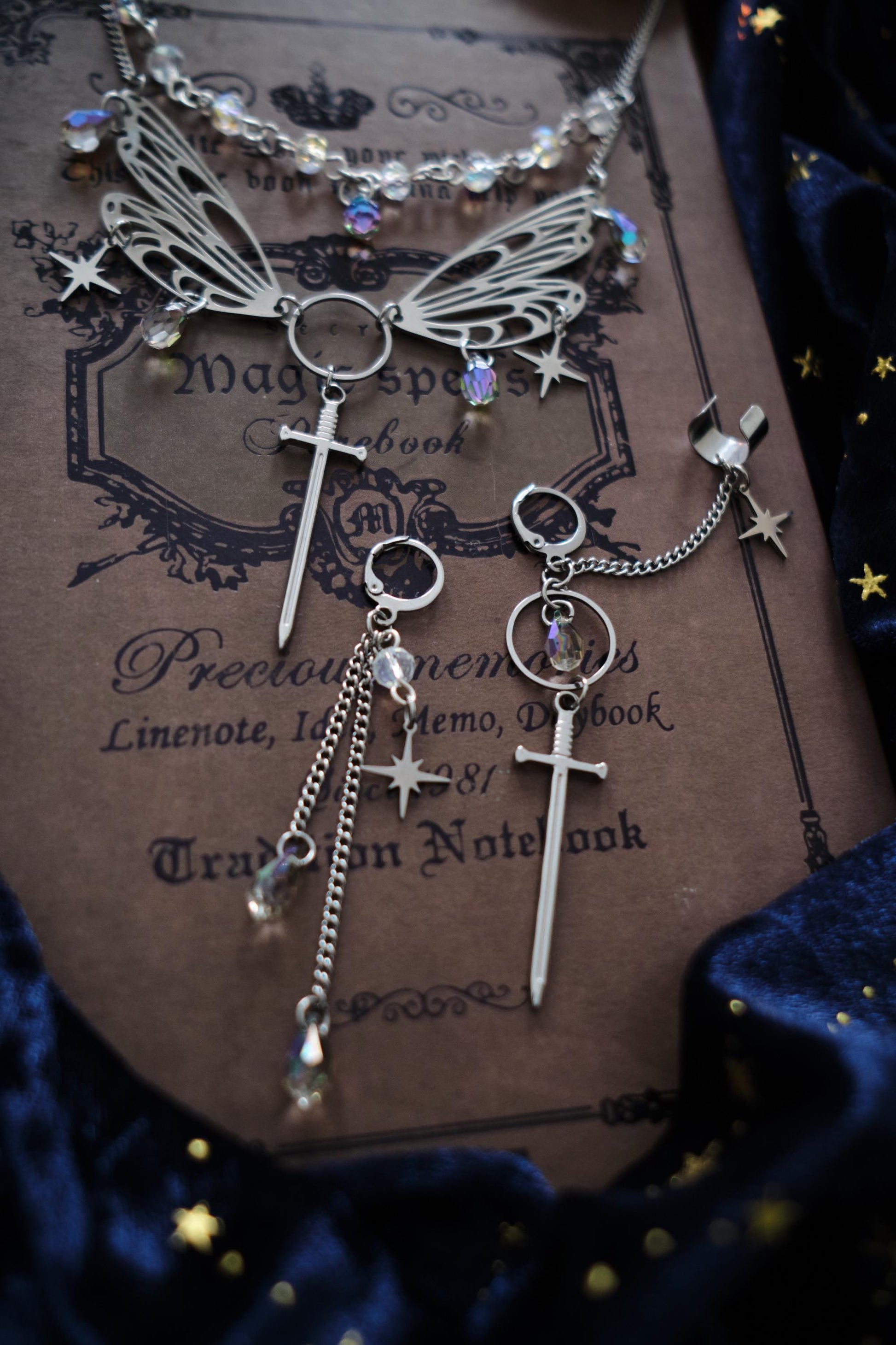 Wings and Sword Necklace, Layered Choker, Romantasy inspired Celestial Jewelry