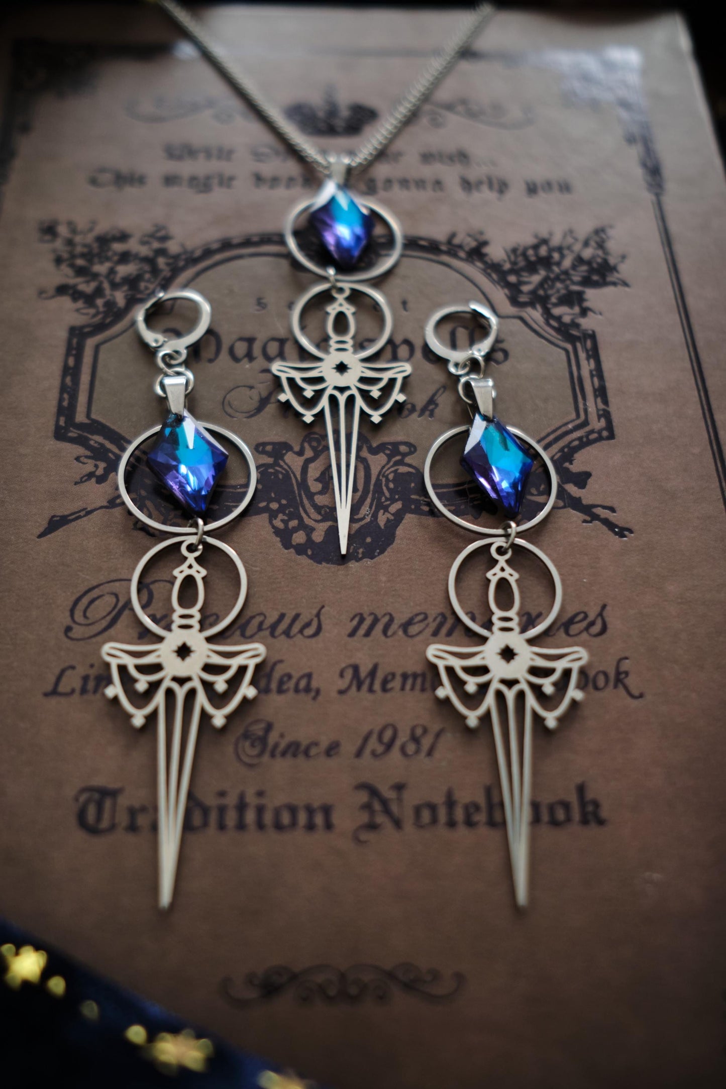 Silver and Blue Sword Earrings, Medieval Fantasy Celestial Jewelry