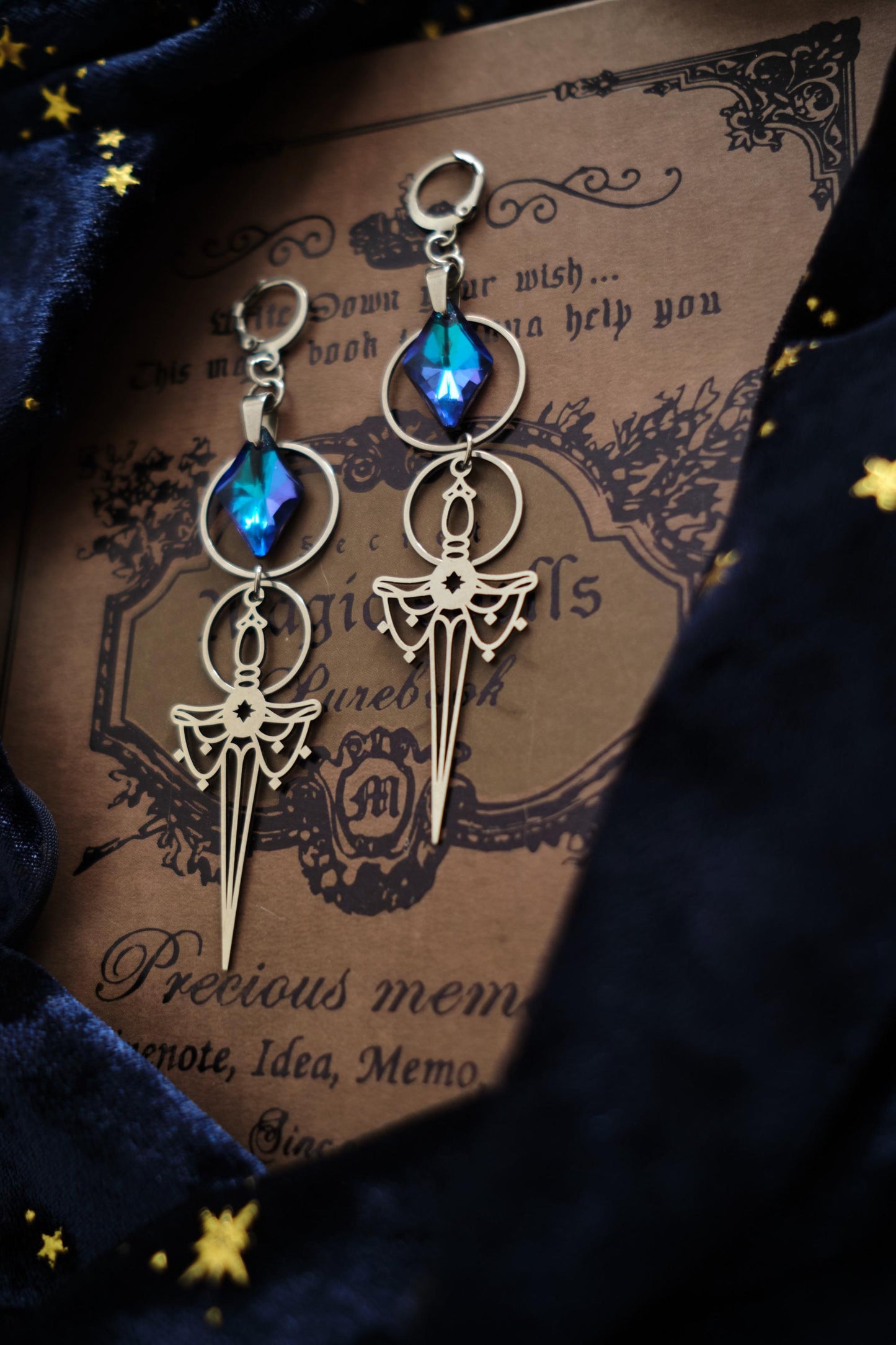 Silver and Blue Sword Earrings, Medieval Fantasy Celestial Jewelry