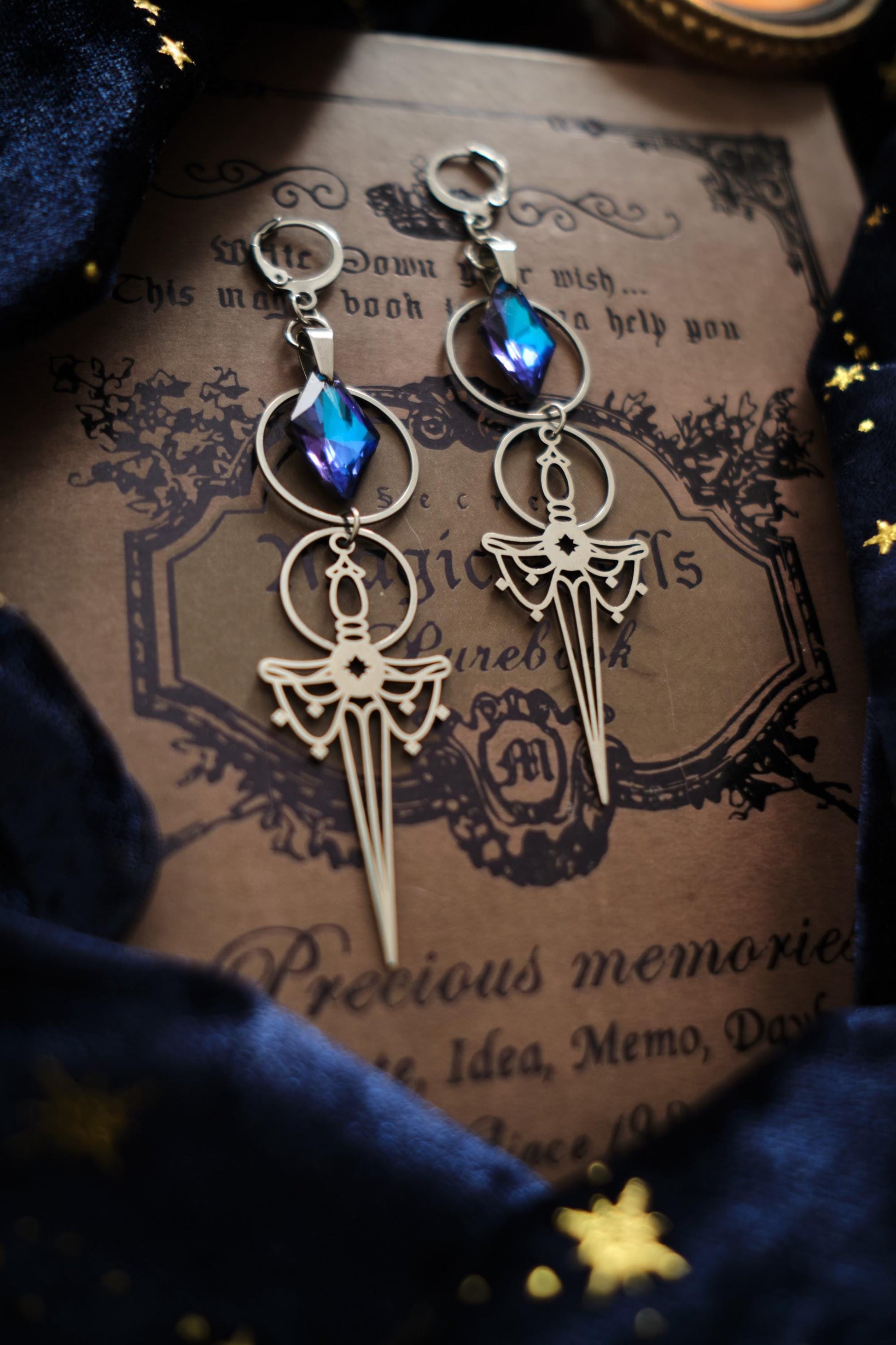 Silver and Blue Sword Earrings, Medieval Fantasy Celestial Jewelry
