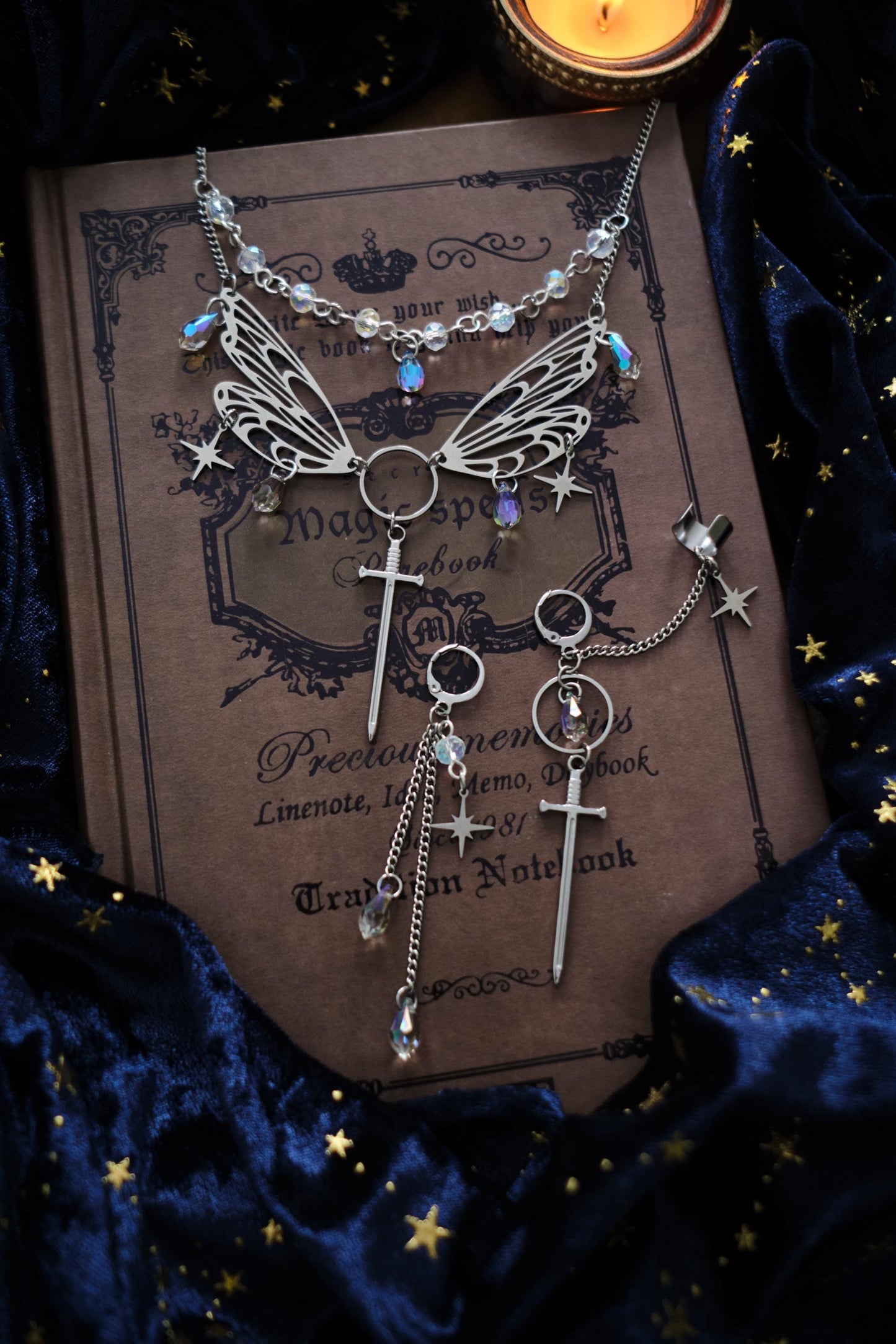 Wings and Sword Necklace, Layered Choker, Romantasy inspired Celestial Jewelry