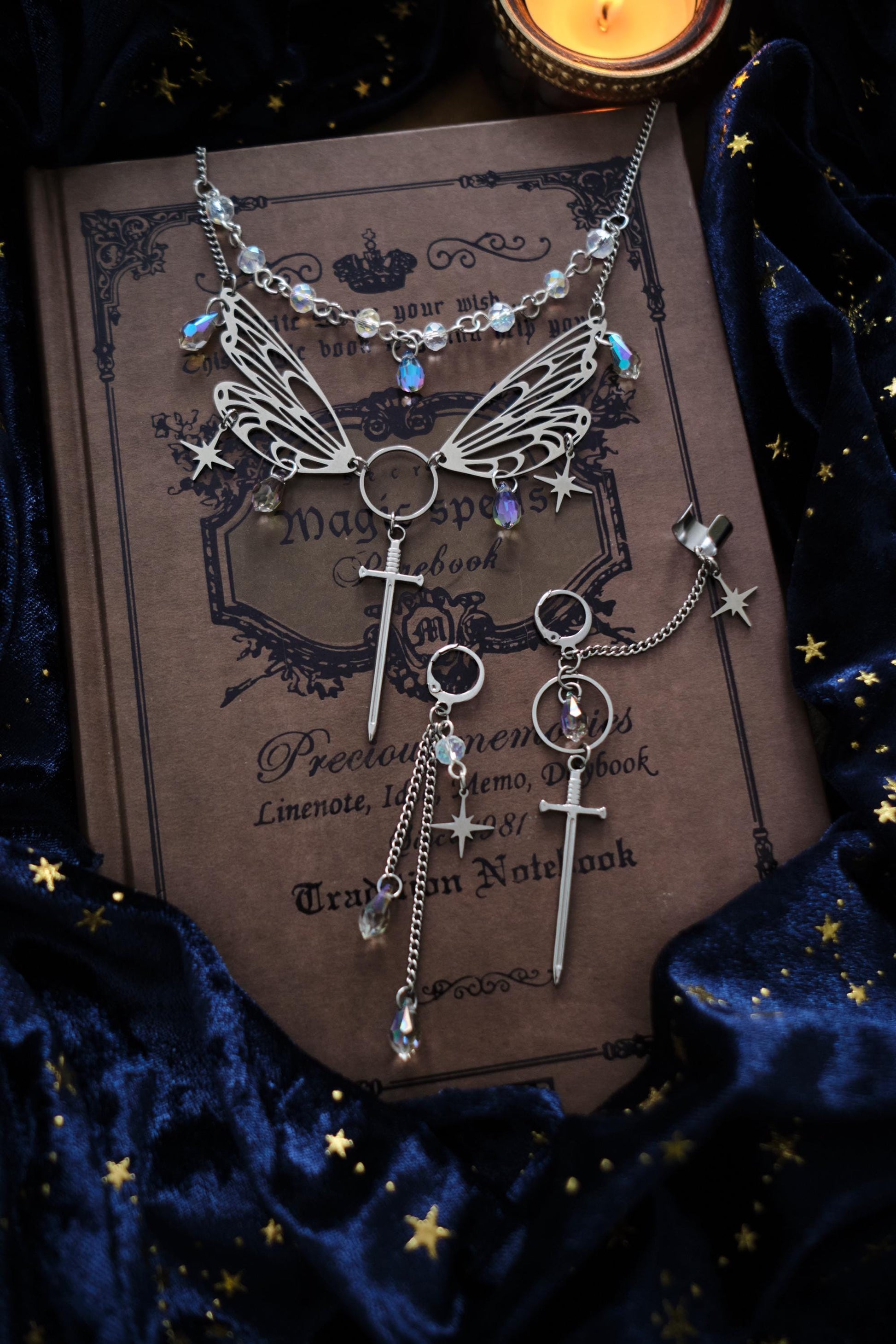 Wings and Sword Necklace, Layered Choker, Romantasy inspired Celestial Jewelry