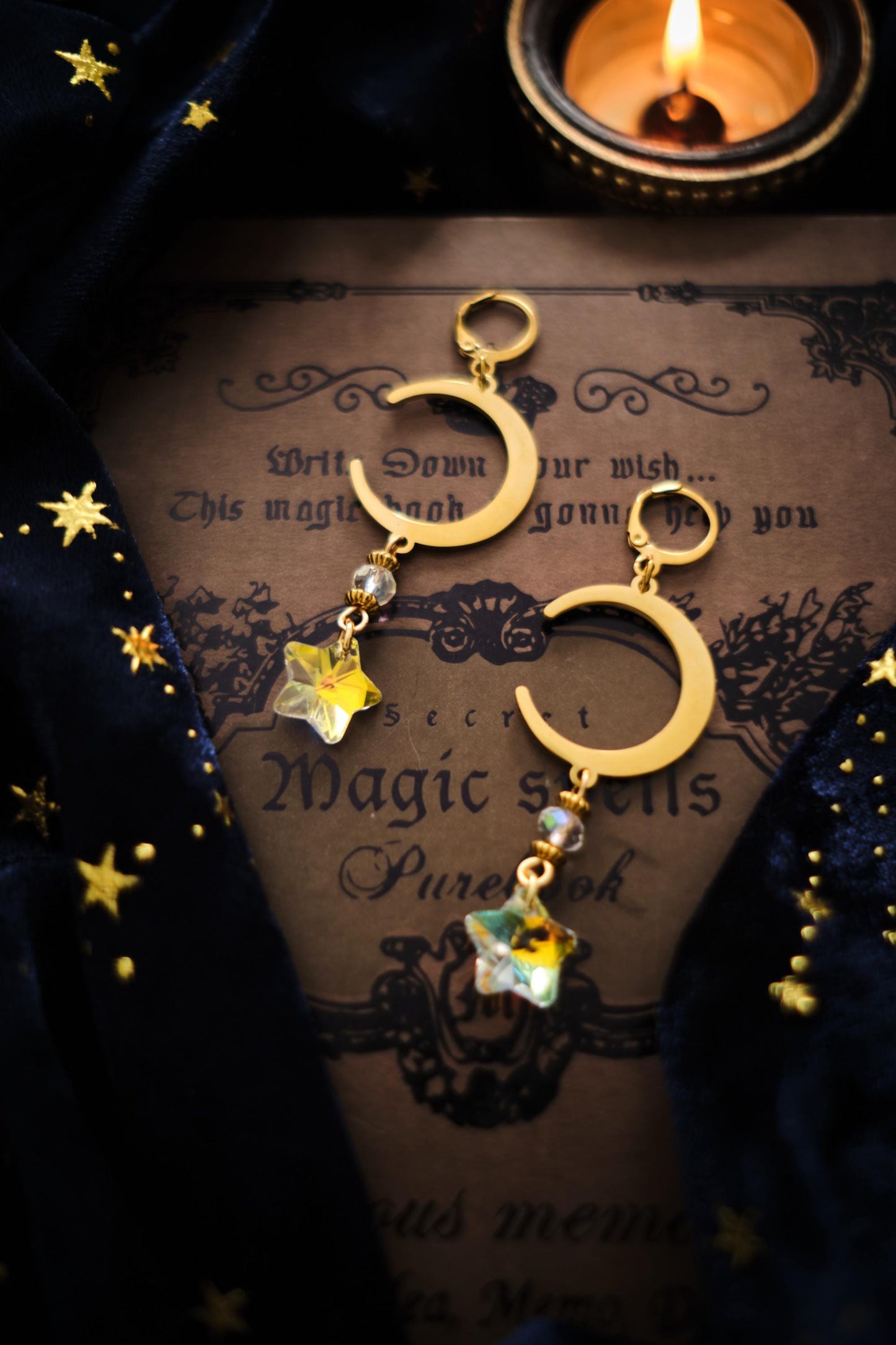 Celestial Suncatcher Earrings with Moon and Star, Mismatched Whimsigoth Jewelry