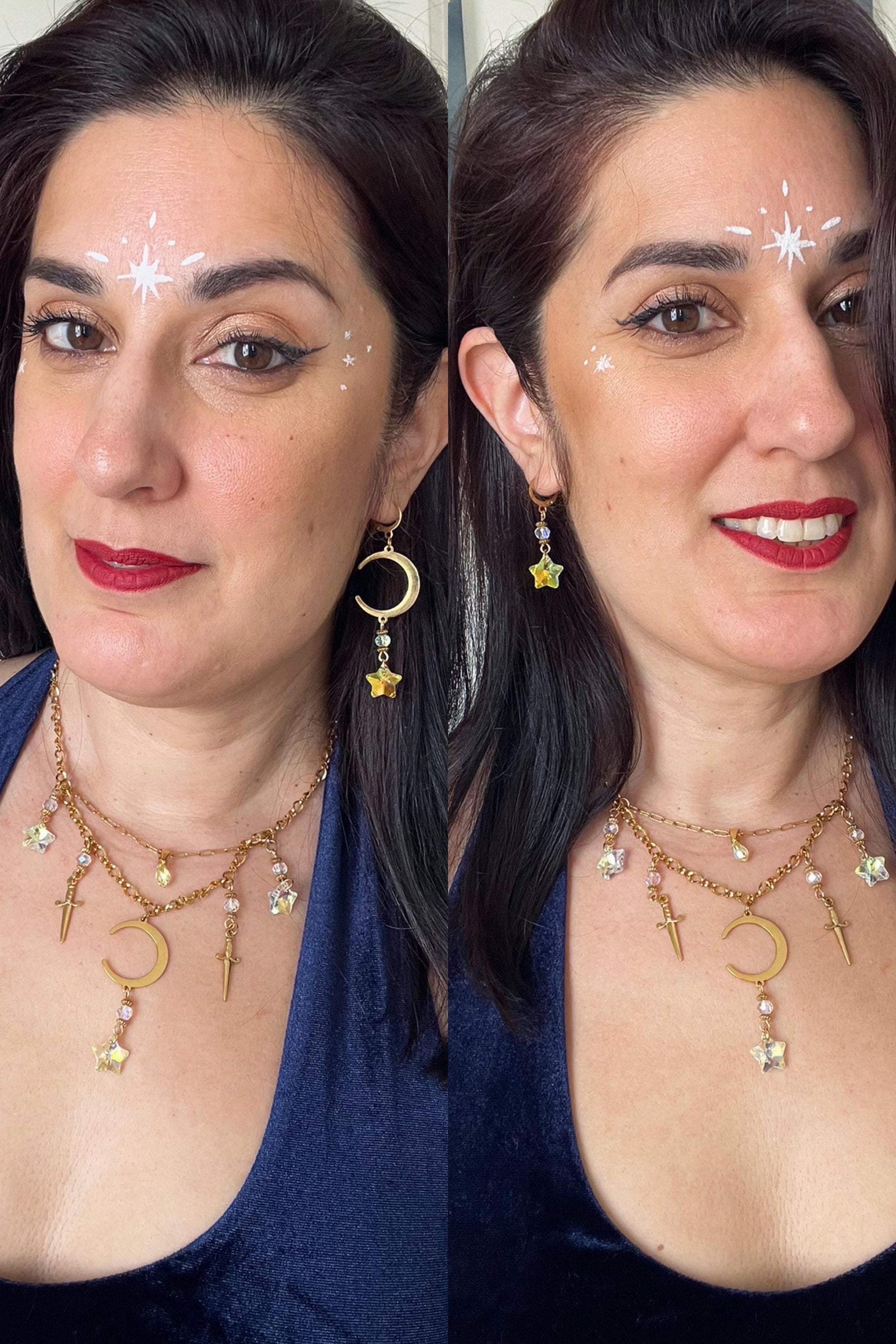 Celestial Suncatcher Earrings with Moon and Star, Mismatched Whimsigoth Jewelry