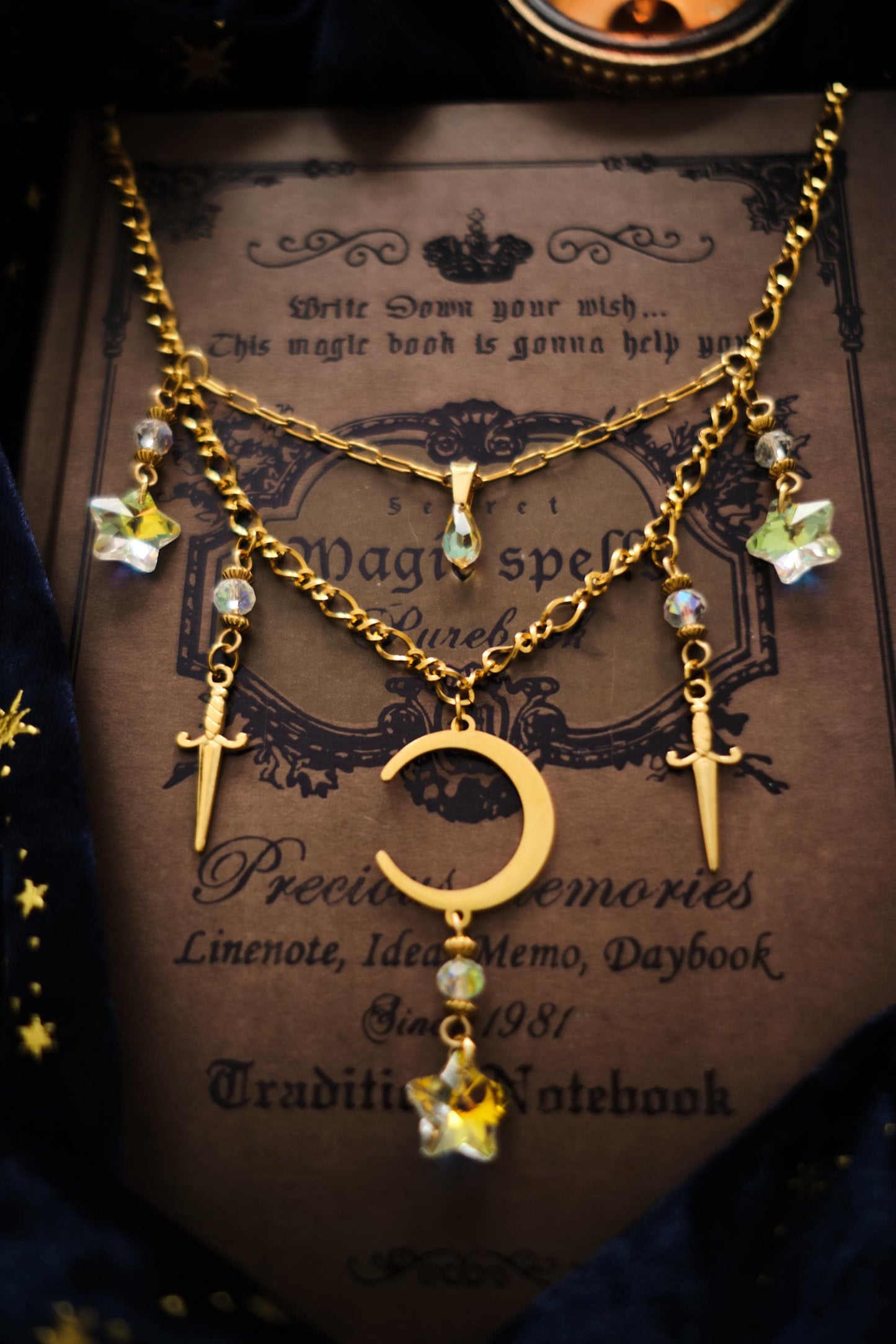 Statement Celestial Sword Necklace, Layered Choker, Romantasy inspired Moon and Star Jewelry