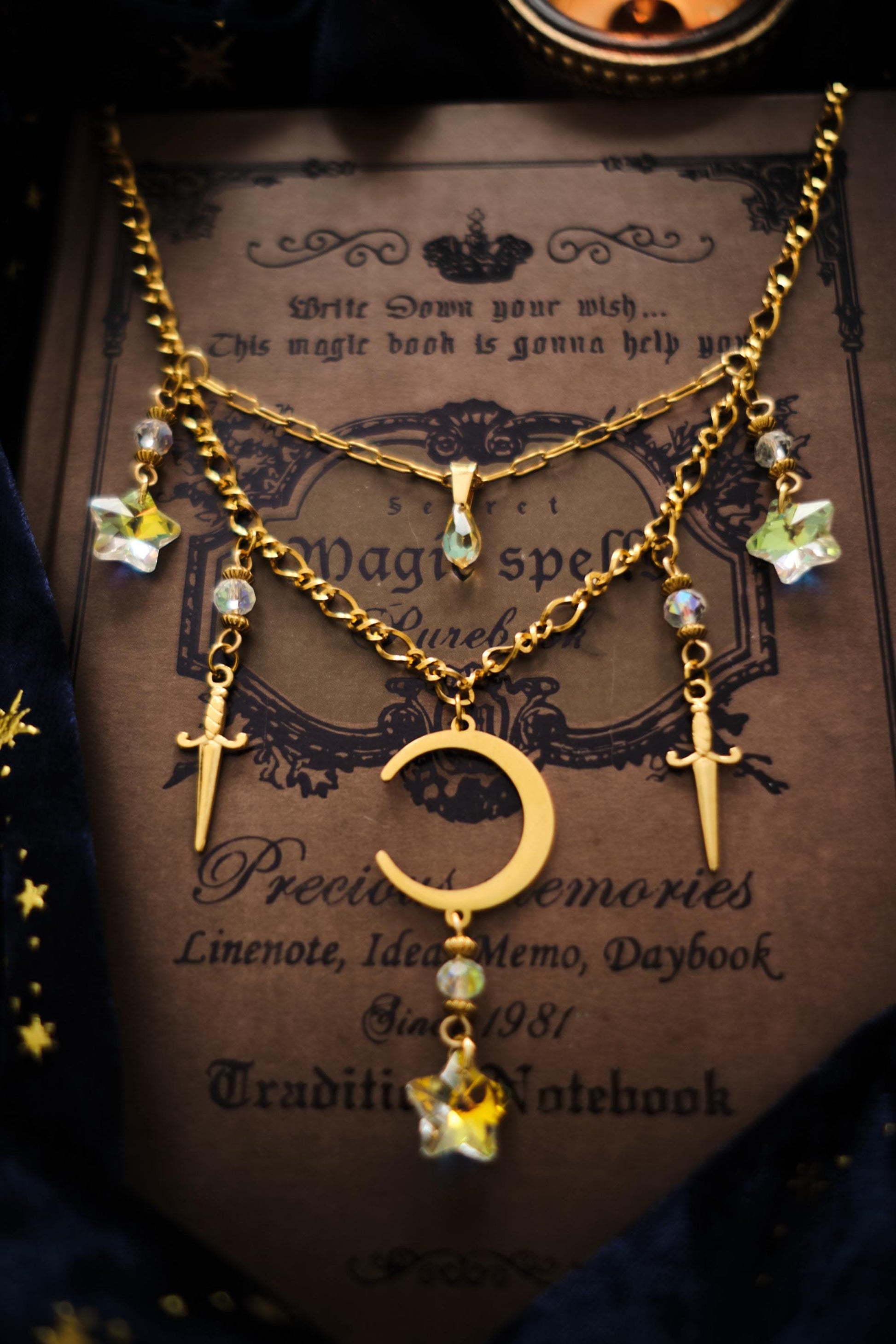 Statement Celestial Sword Necklace, Layered Choker, Romantasy inspired Moon and Star Jewelry