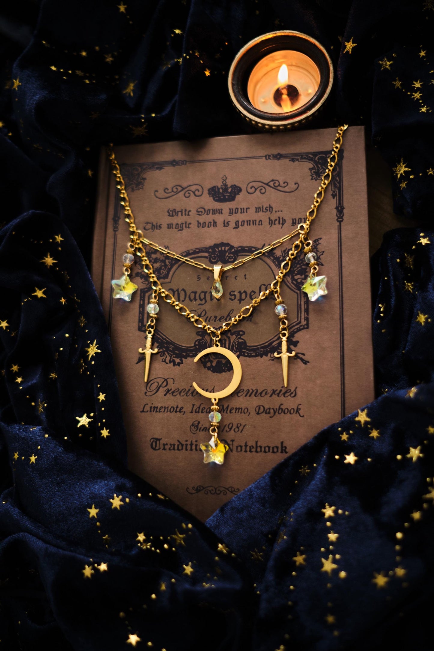 Statement Celestial Sword Necklace, Layered Choker, Romantasy inspired Moon and Star Jewelry