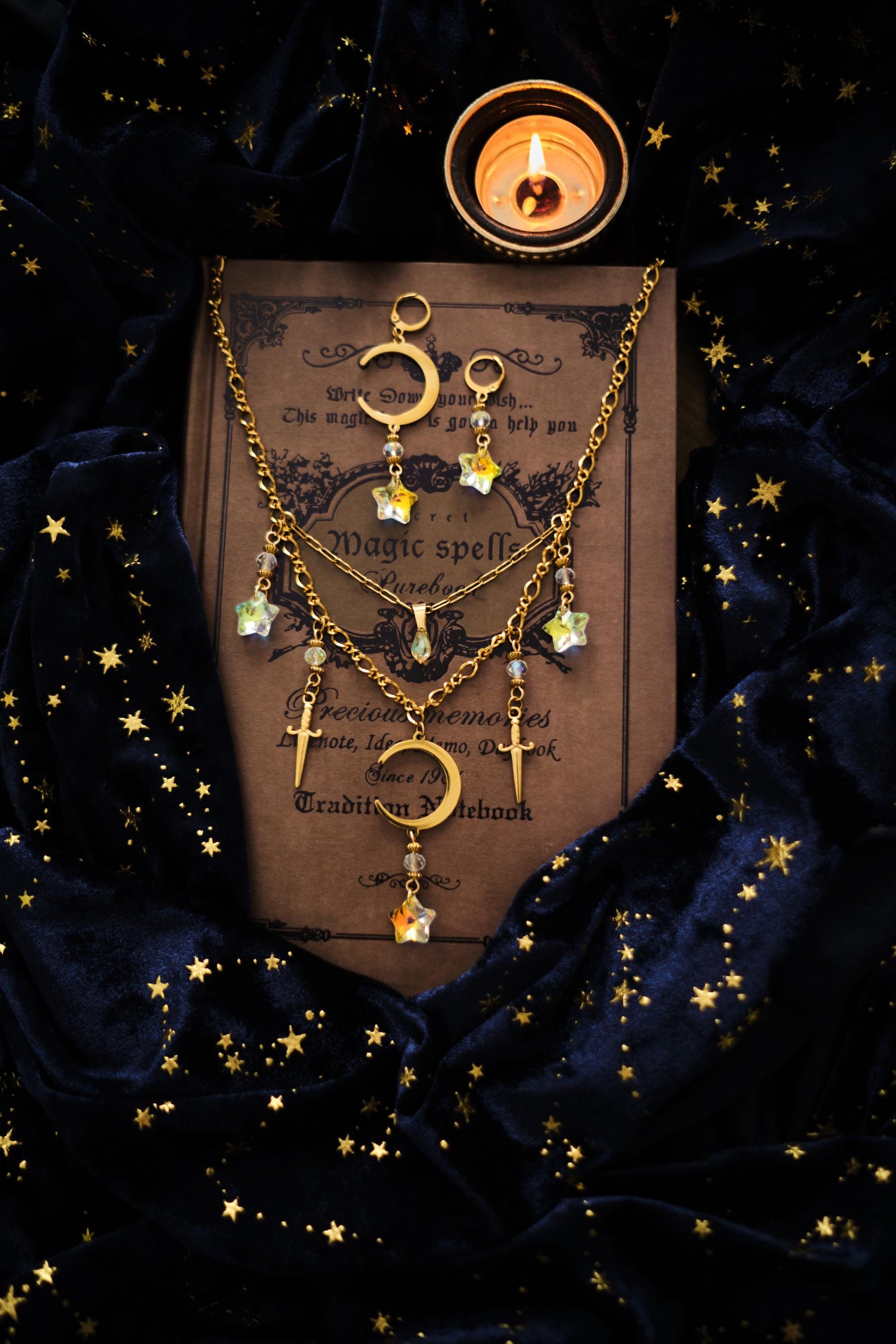 Statement Celestial Sword Necklace, Layered Choker, Romantasy inspired Moon and Star Jewelry