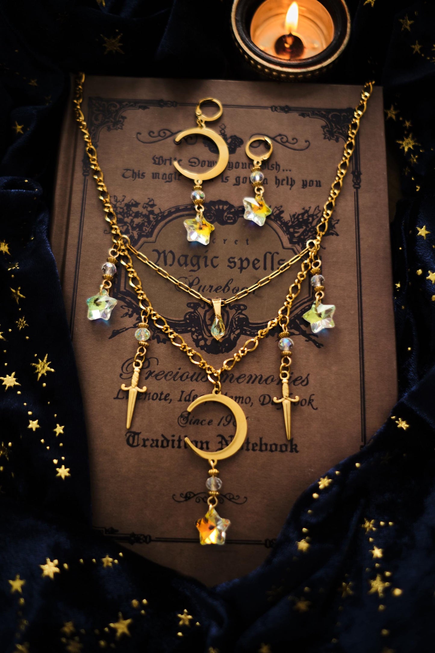 Statement Celestial Sword Necklace, Layered Choker, Romantasy inspired Moon and Star Jewelry