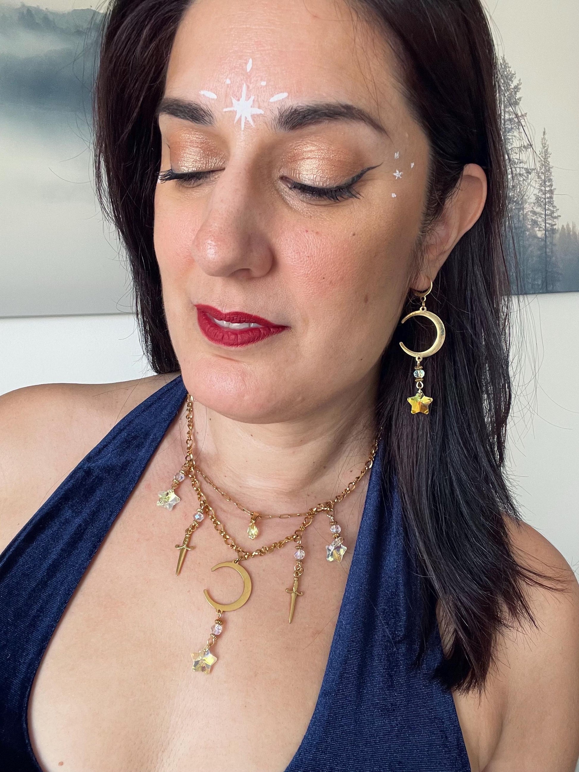 Statement Celestial Sword Necklace, Layered Choker, Romantasy inspired Moon and Star Jewelry