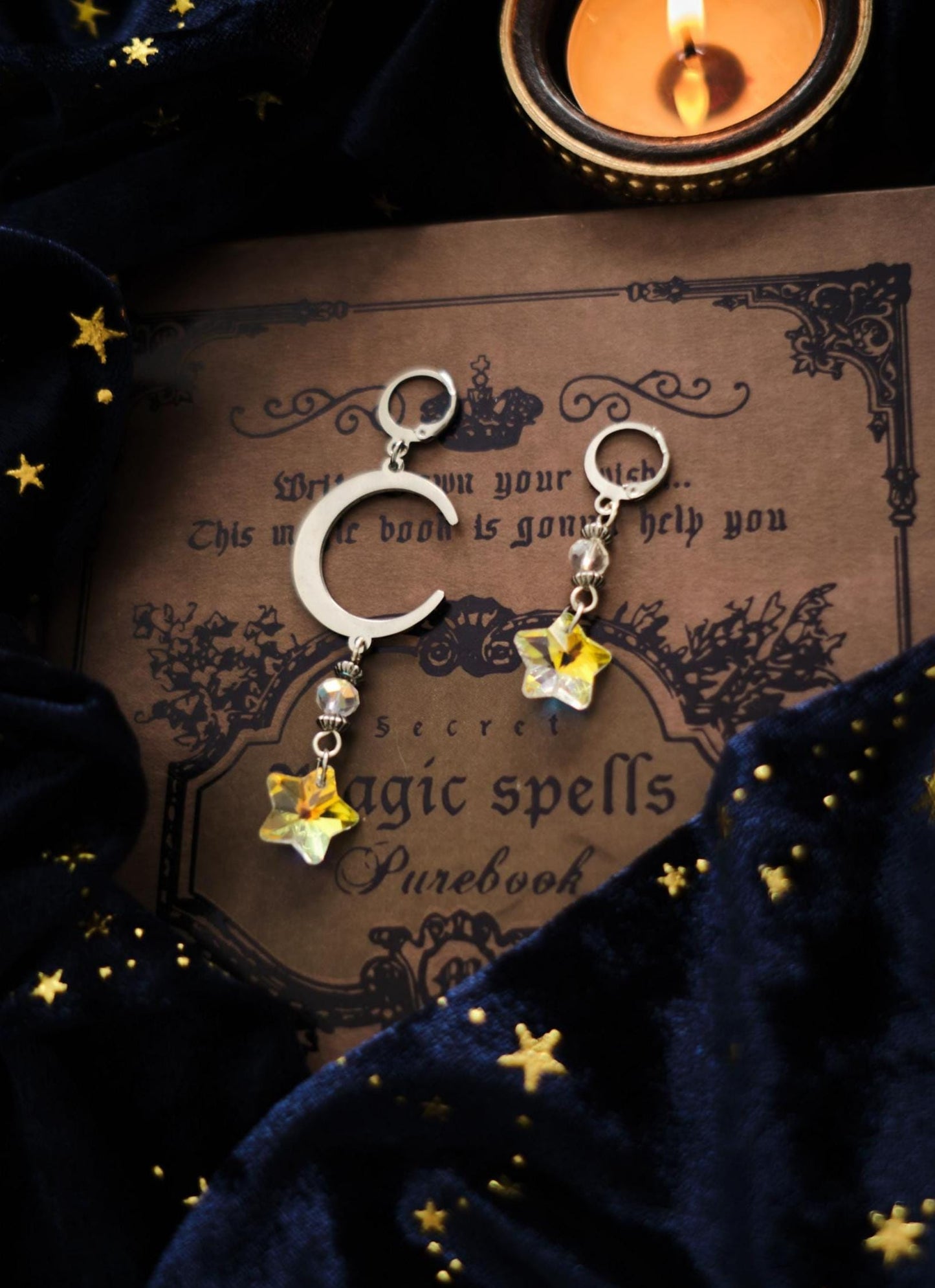 Celestial Suncatcher Earrings with Moon and Star, Mismatched Whimsigoth Jewelry