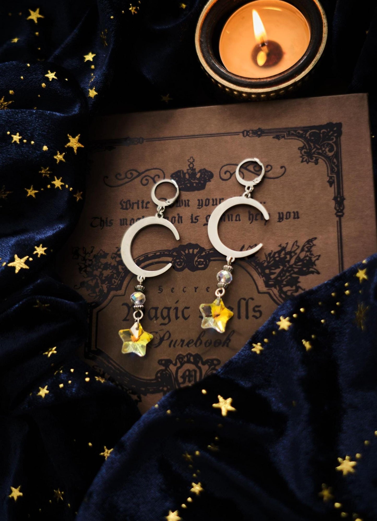 Celestial Suncatcher Earrings with Moon and Star, Mismatched Whimsigoth Jewelry