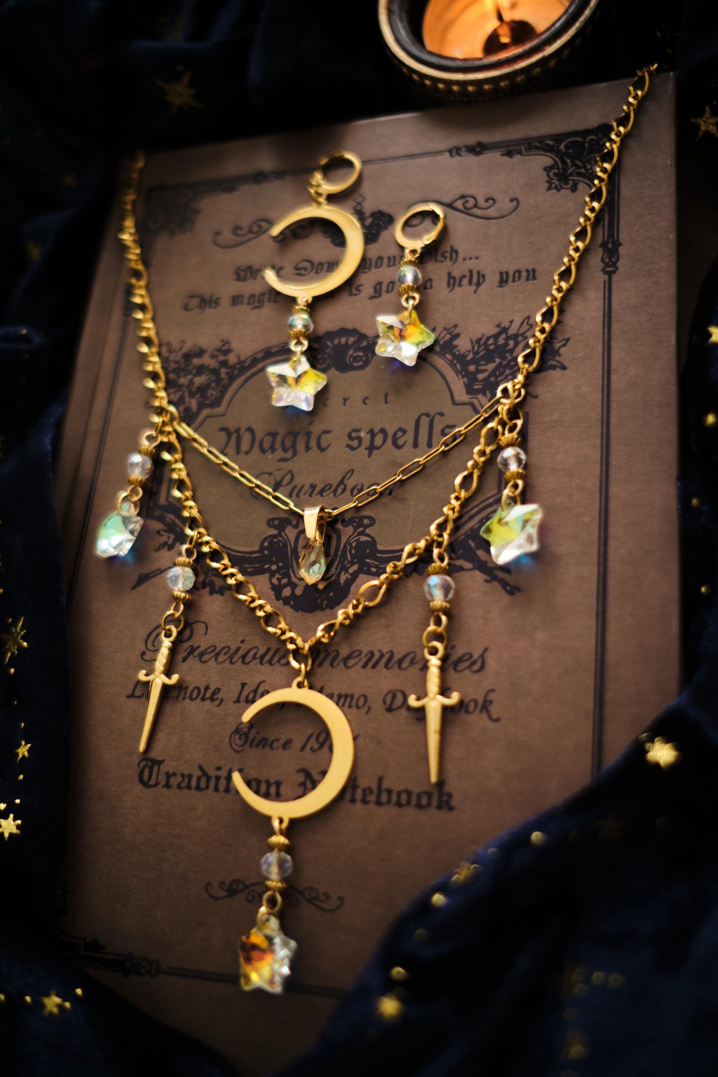 Celestial Suncatcher Earrings with Moon and Star, Mismatched Whimsigoth Jewelry