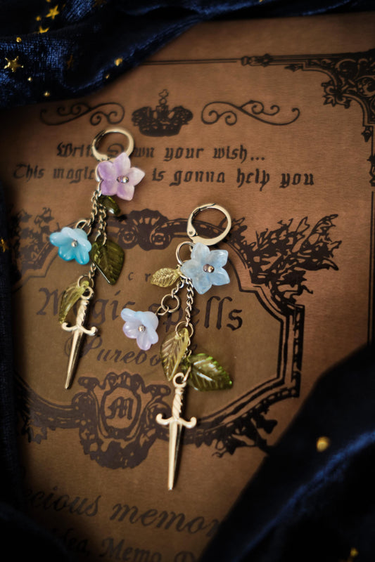 Fantasy Cottagecore Dagger Earrings, Sword and Flower Jewelry, Romantasy Style