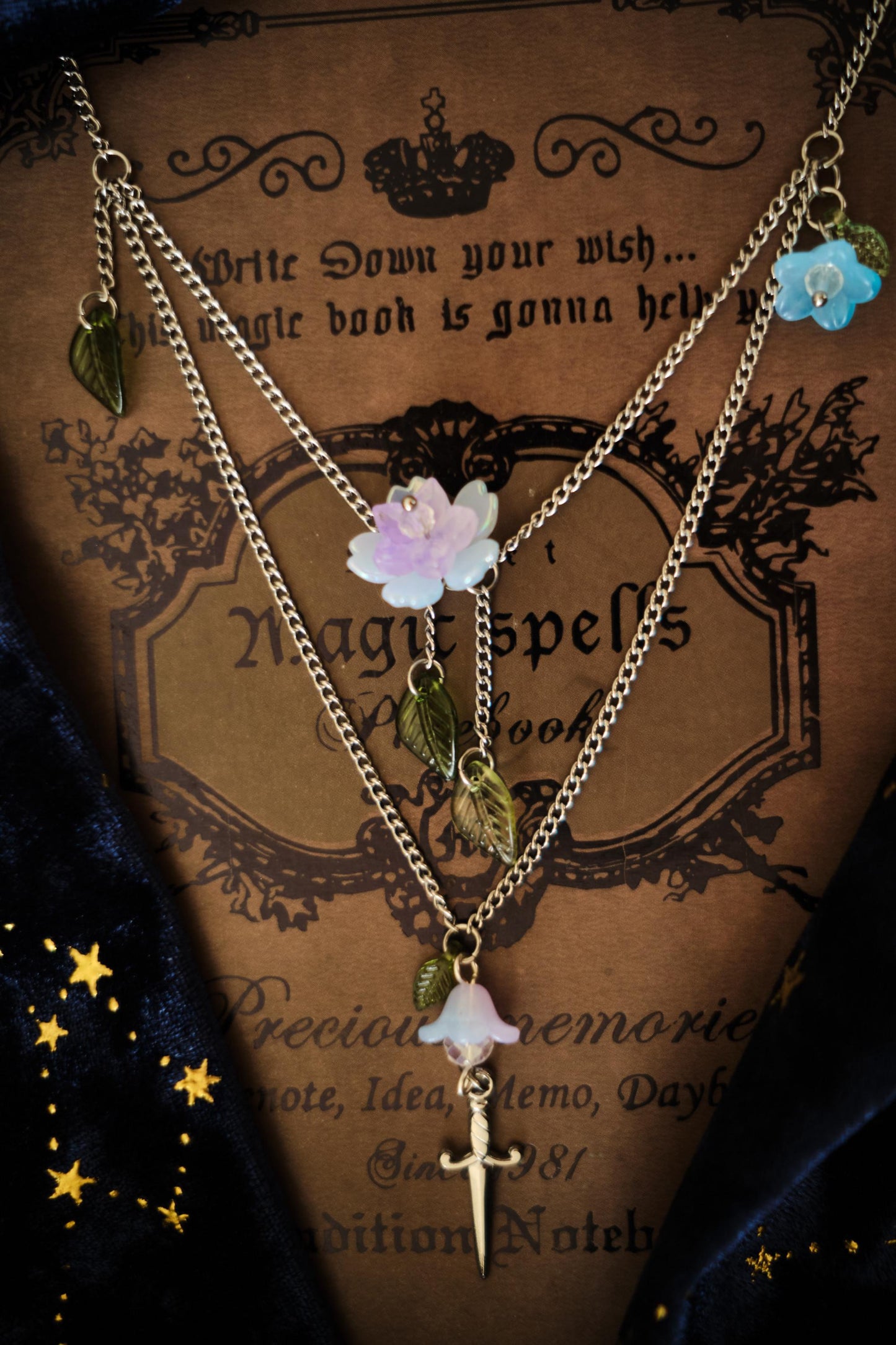 Sword and Flower Necklace, Layered Choker, Romantasy inspired Cottagecore Jewelry