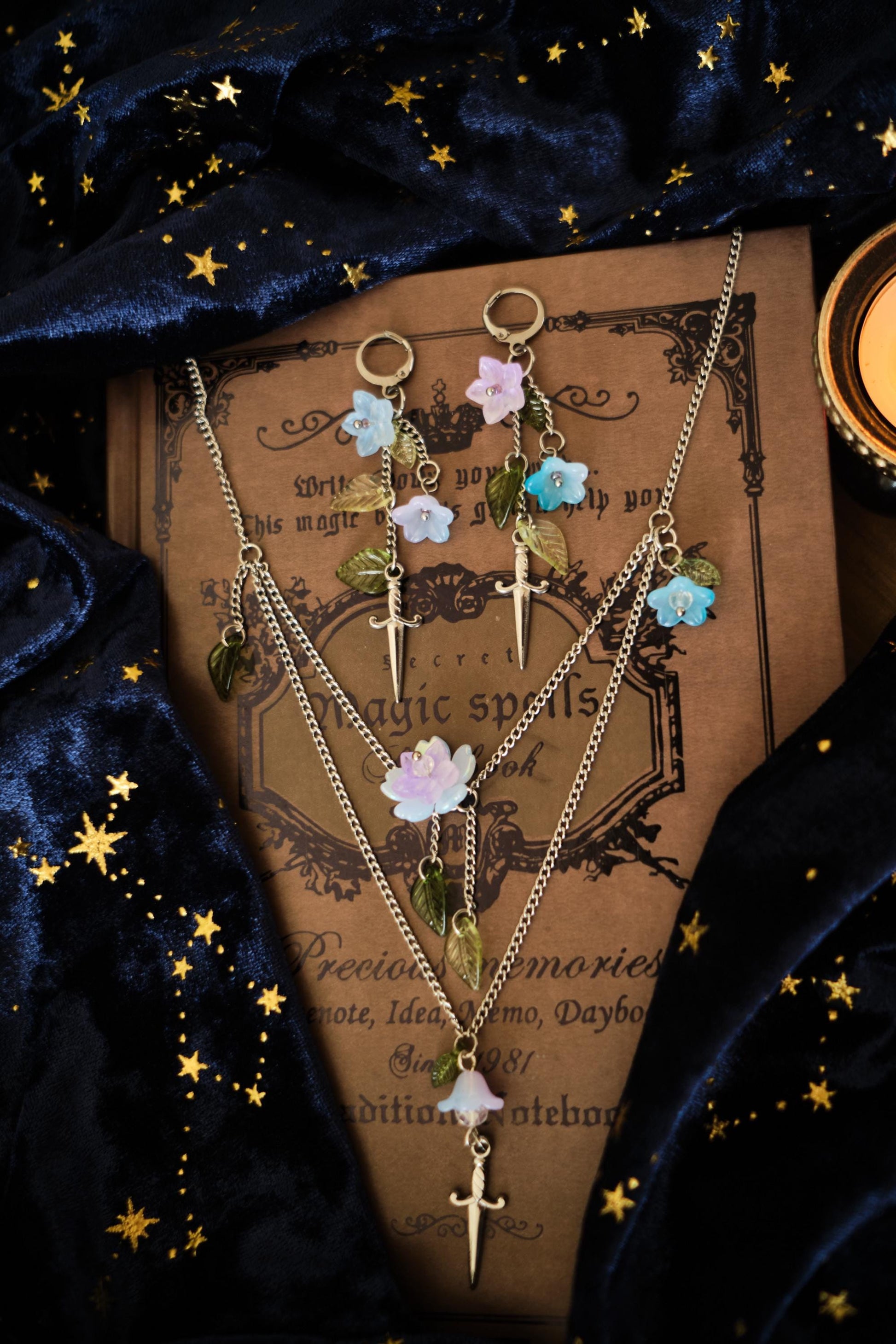 Sword and Flower Necklace, Layered Choker, Romantasy inspired Cottagecore Jewelry
