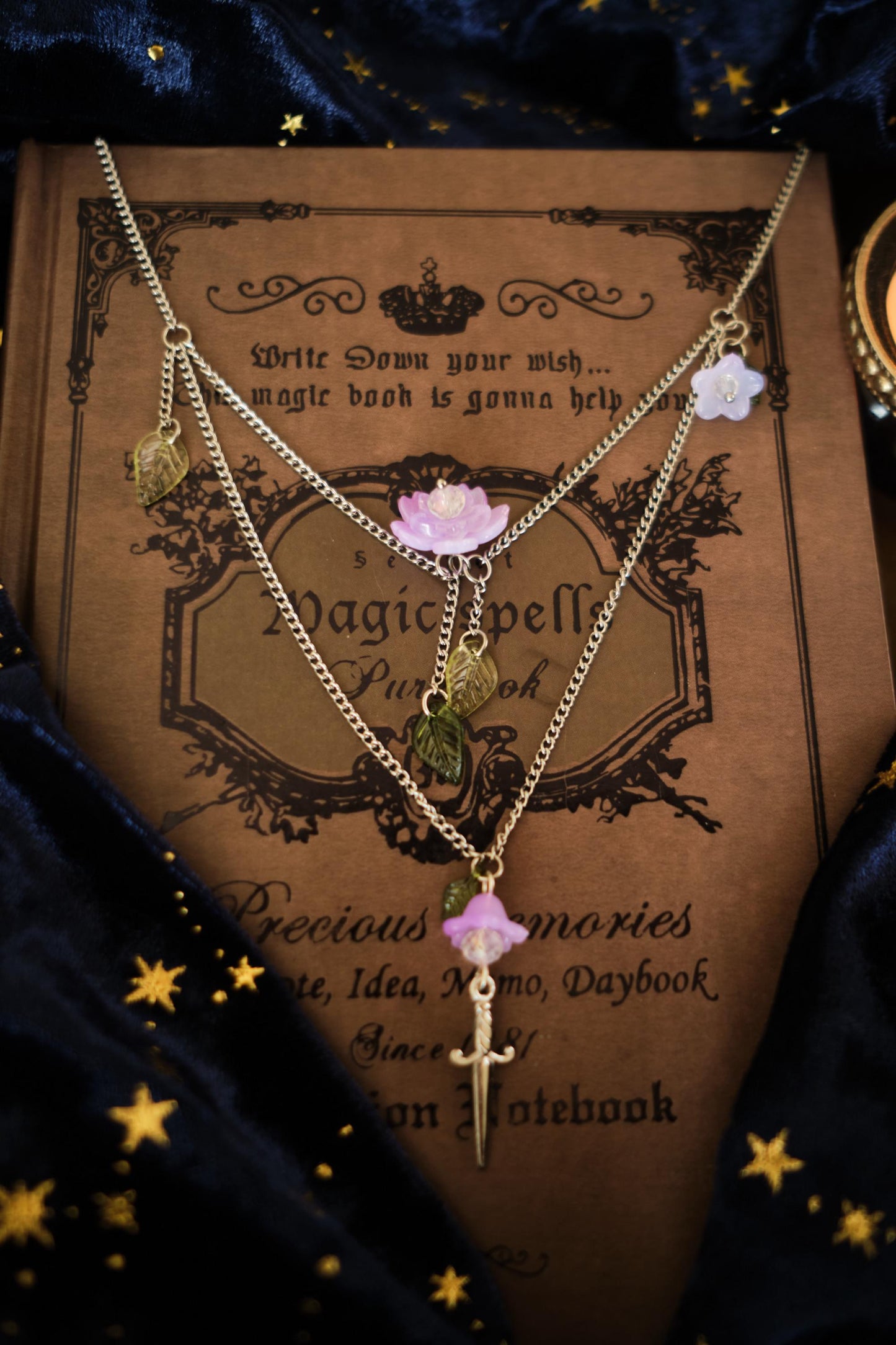 Sword and Flower Necklace, Layered Choker, Romantasy inspired Cottagecore Jewelry