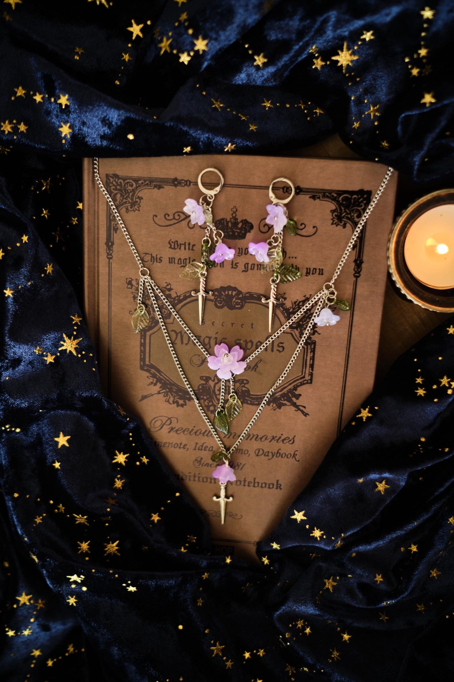 Sword and Flower Necklace, Layered Choker, Romantasy inspired Cottagecore Jewelry