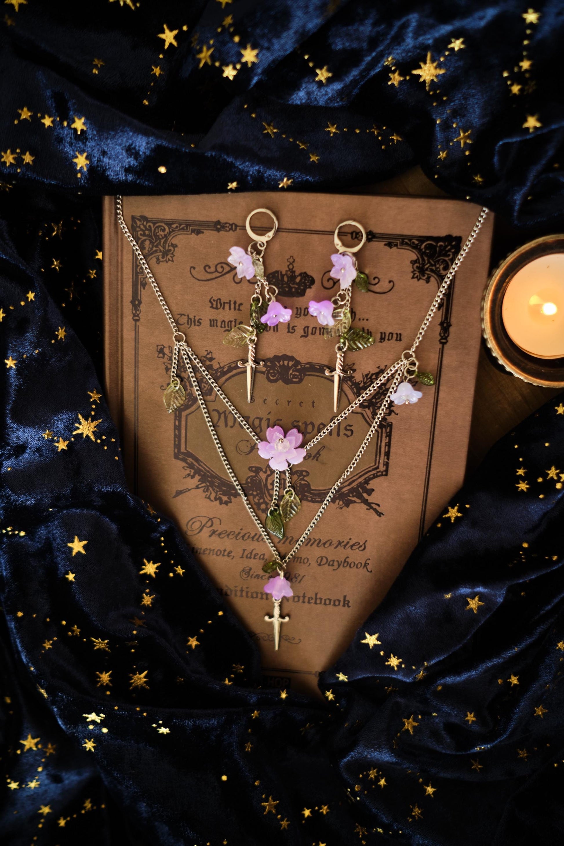 Sword and Flower Necklace, Layered Choker, Romantasy inspired Cottagecore Jewelry