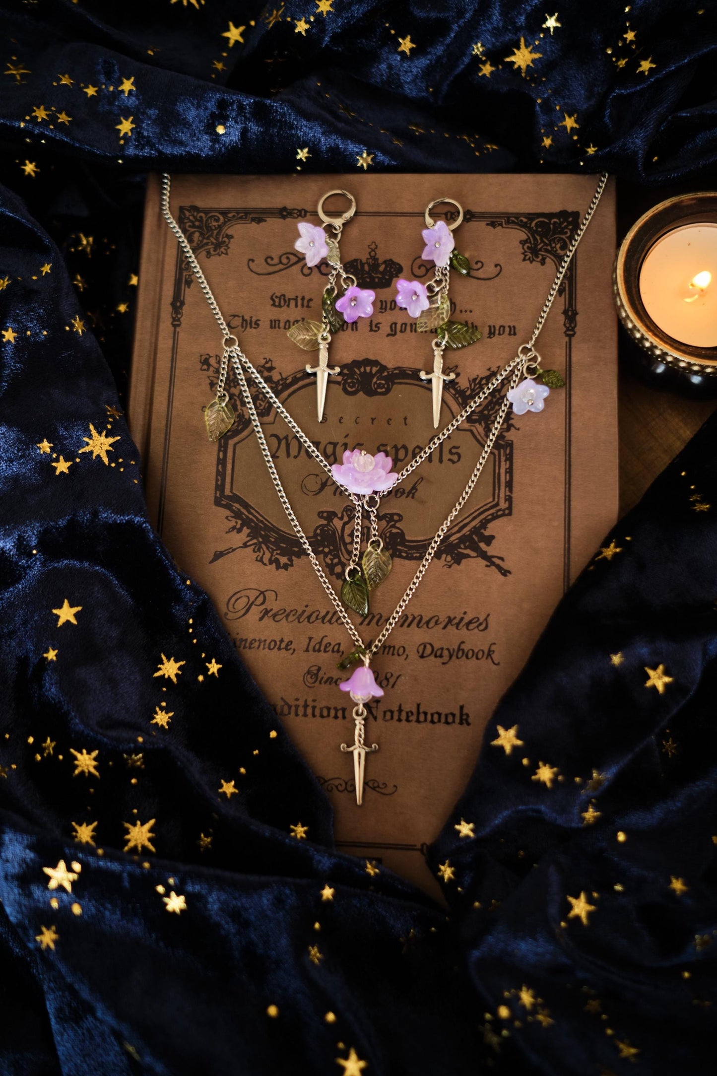 Sword and Flower Necklace, Layered Choker, Romantasy inspired Cottagecore Jewelry