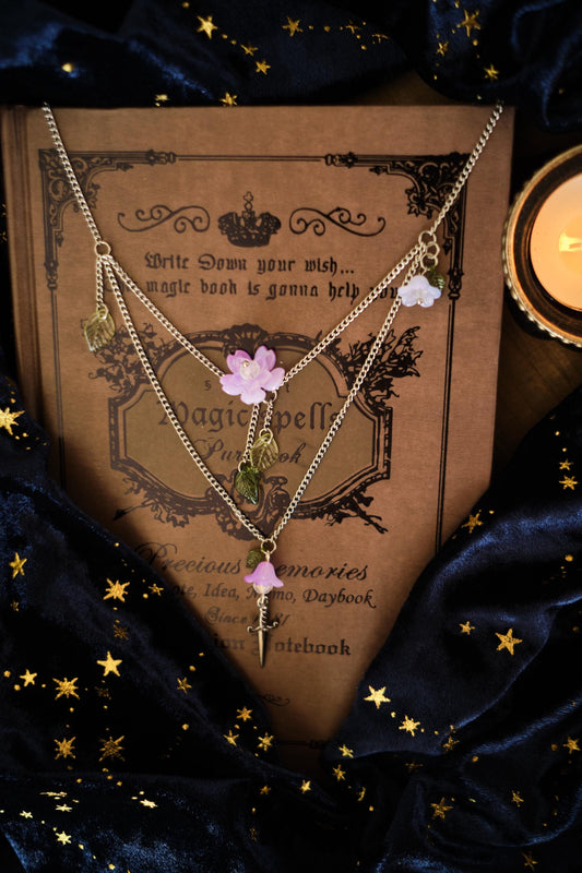 Sword and Flower Necklace, Layered Choker, Romantasy inspired Cottagecore Jewelry